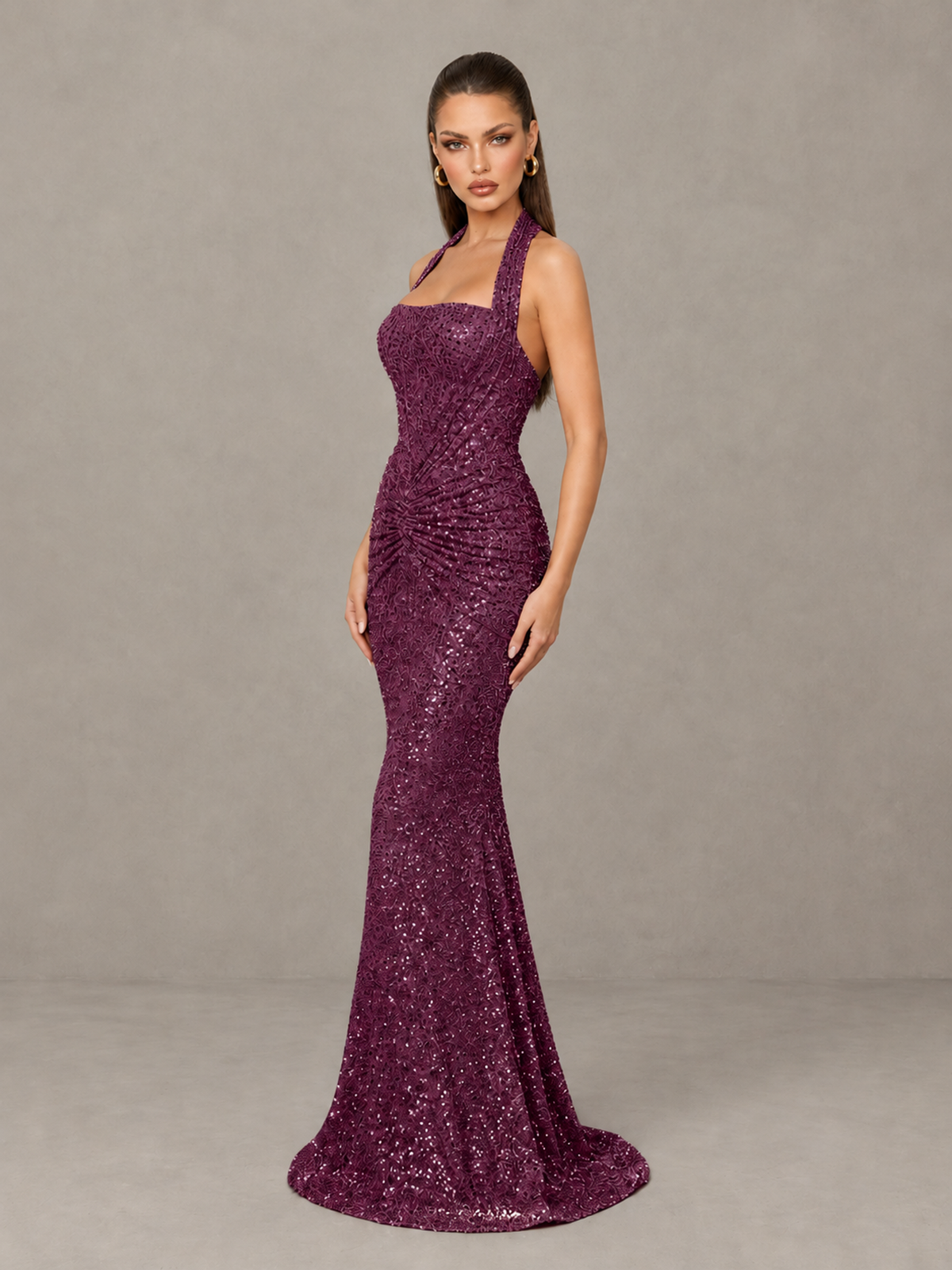 BOLODOO Plum Sequin Halter Mermaid Evening Gown - Plum - Plum (4)