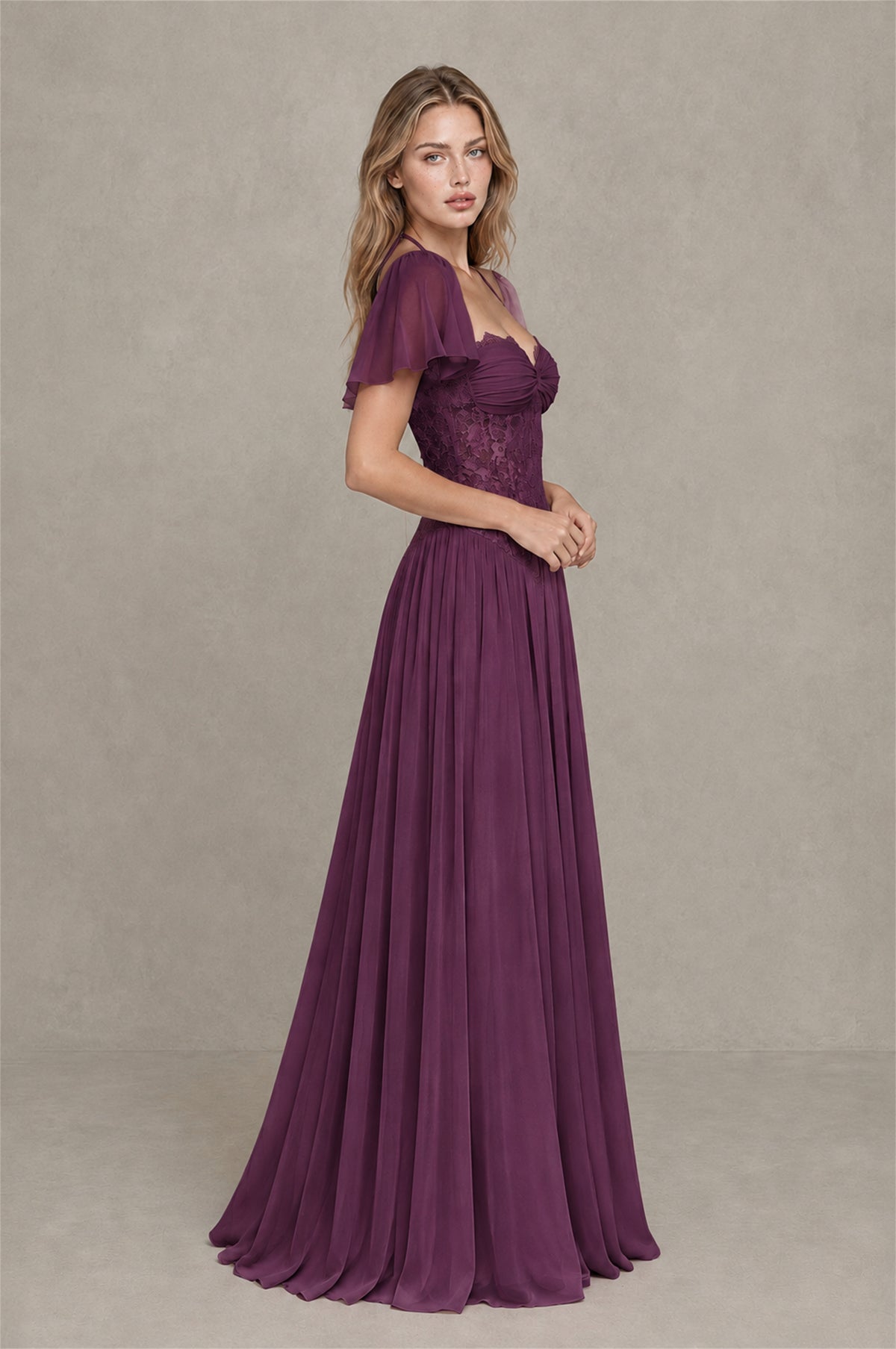 BOLODOO Plum Flutter Sleeve Lace Corset A-Line Maxi Dress - Plum - Plum (4)