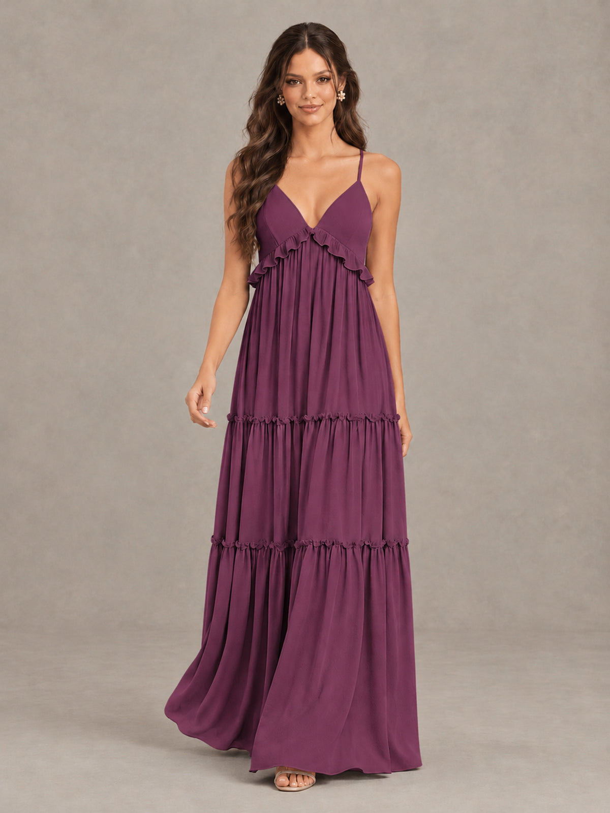BOLODOO Plum Tiered V-Neck Lace-Up Back Bridesmaid Dress - Plum - Plum (4)