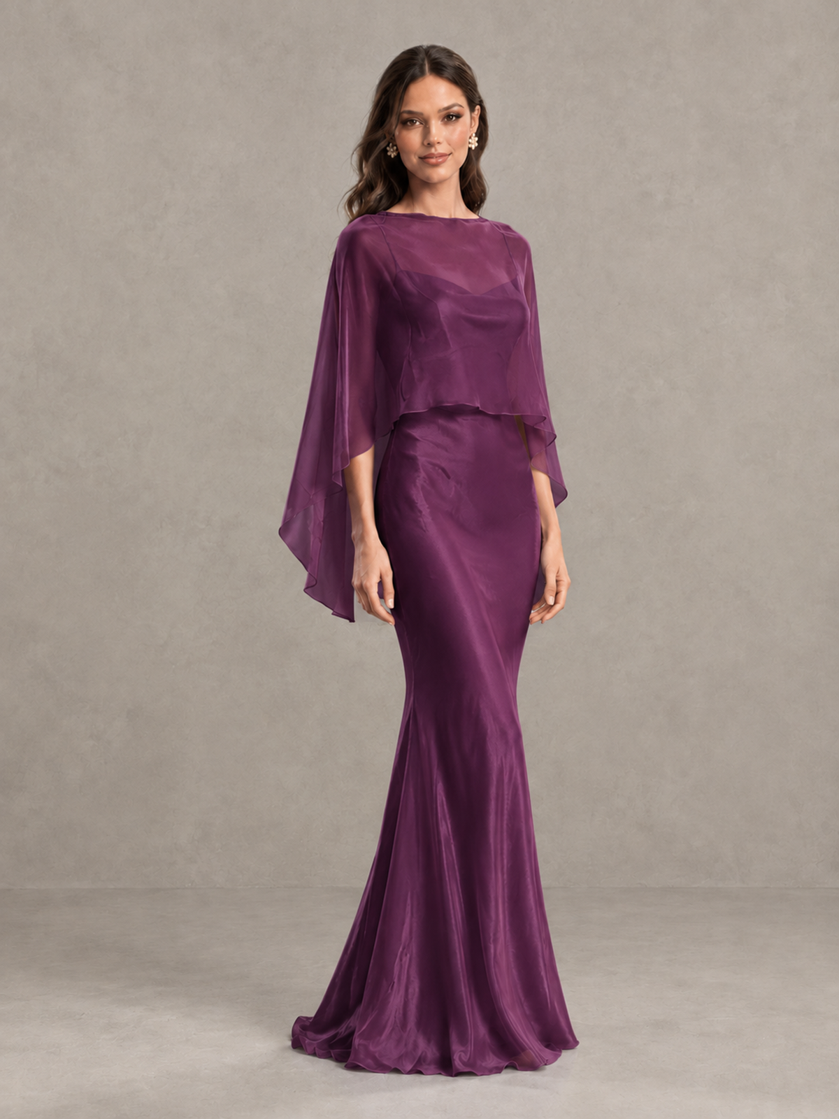 BOLODOO Plum Satin Mermaid Bridesmaid Dress with Chiffon Cape - Plum - Plum (4)
