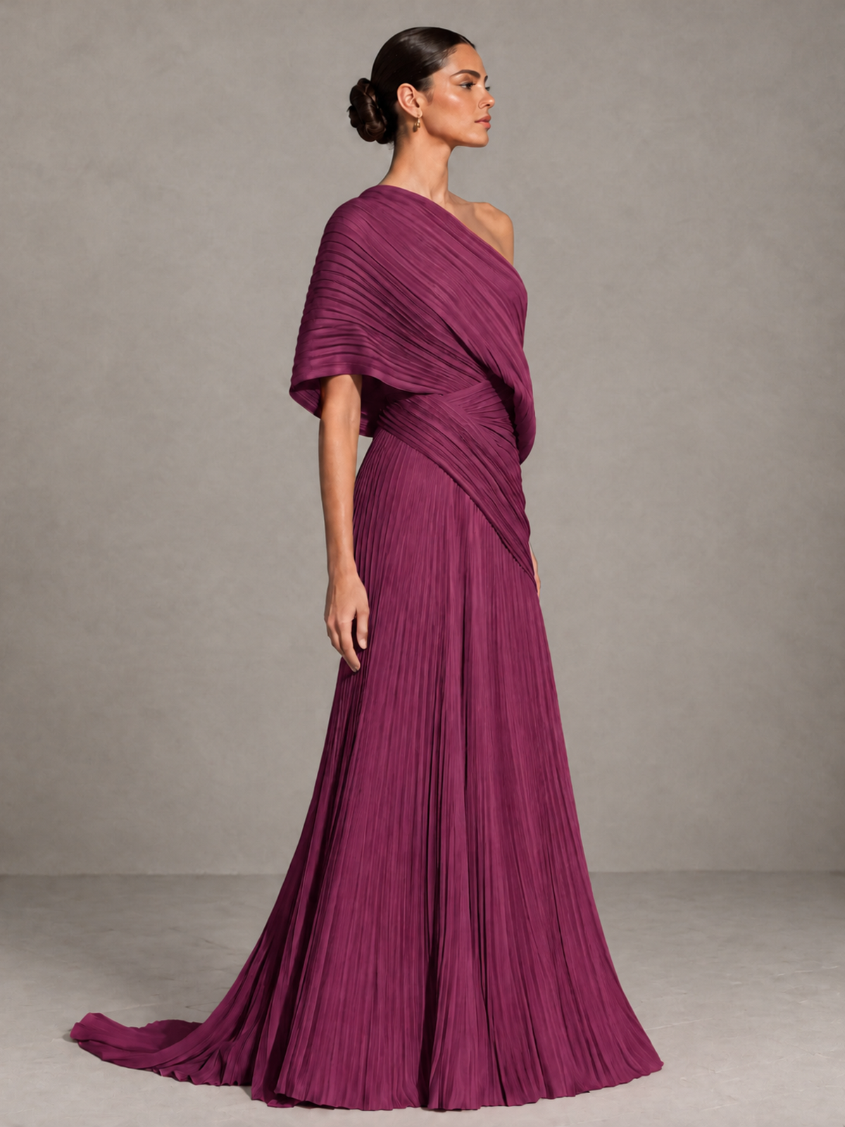 BOLODOO Plum One-Shoulder Pleated Cape Evening Gown with Train - Plum - Plum (4)