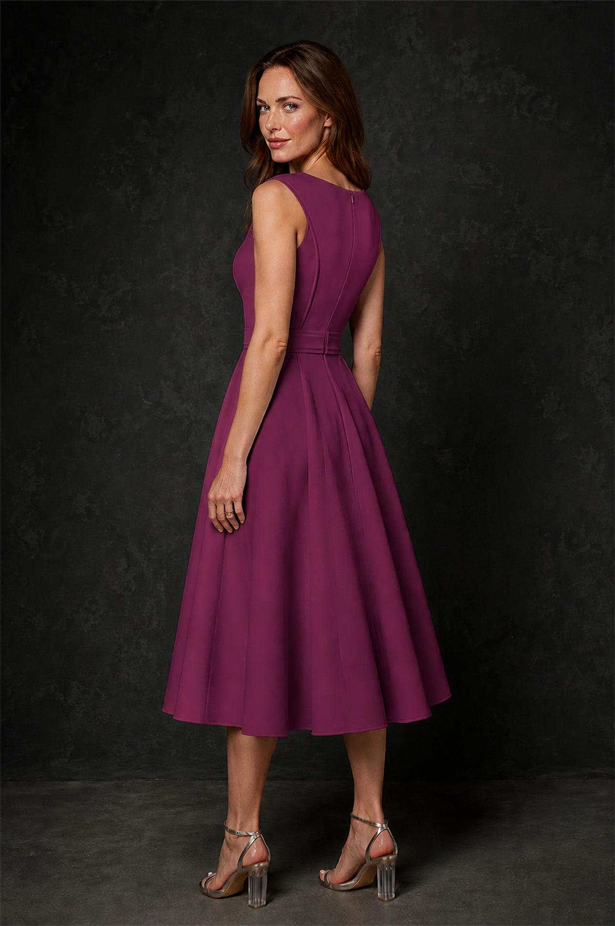 BOLODOO Plum 3D Rosette Appliqué 3/4 Sleeve Jacket & V-Notch Sleeveless A-Line Tea-Length Two-Piece Dress Set - Plum