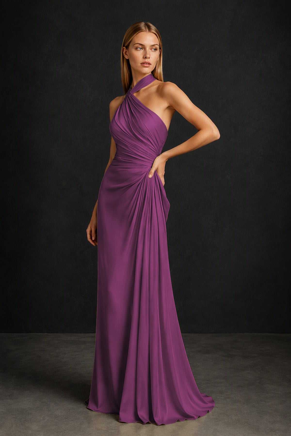 BOLODOO Plum Twisted Halter Neck Ruched Sleeveless Open Back Floor-Length Gown - Plum