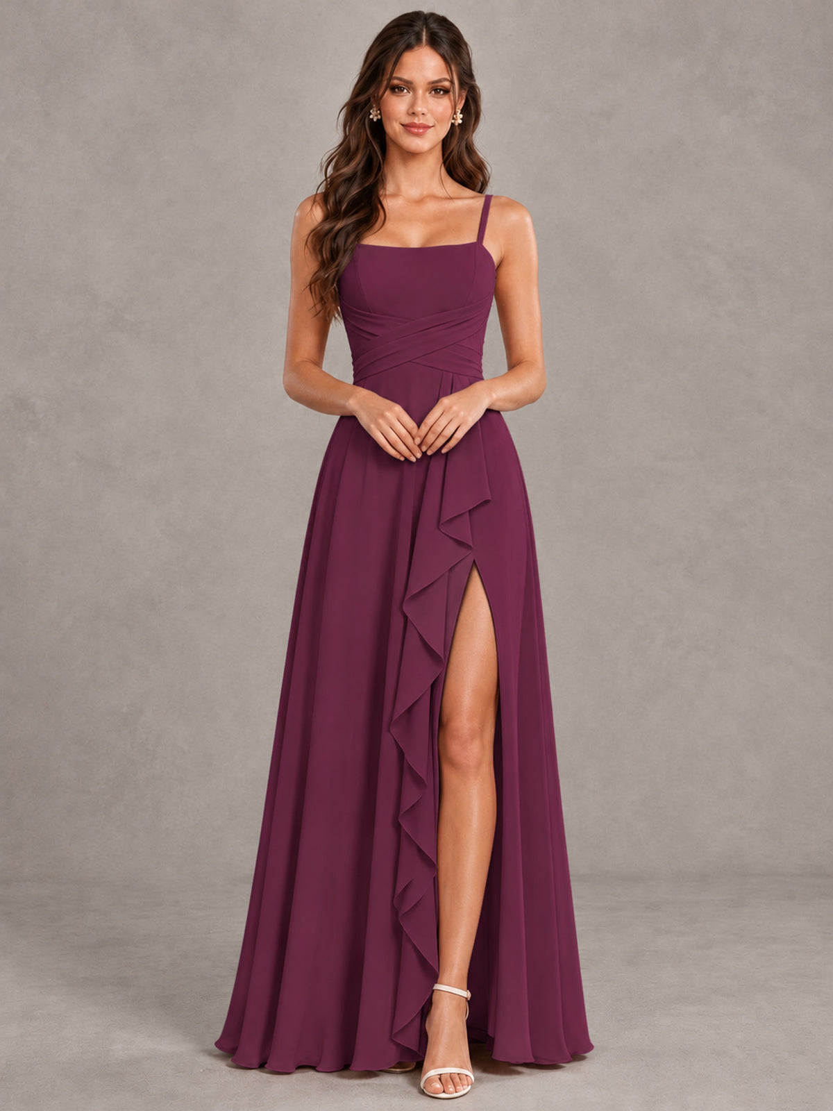 BOLODOO Plum Spaghetti Strap Ruffle Bridesmaid Dress with Slit - Plum - Plum (4)