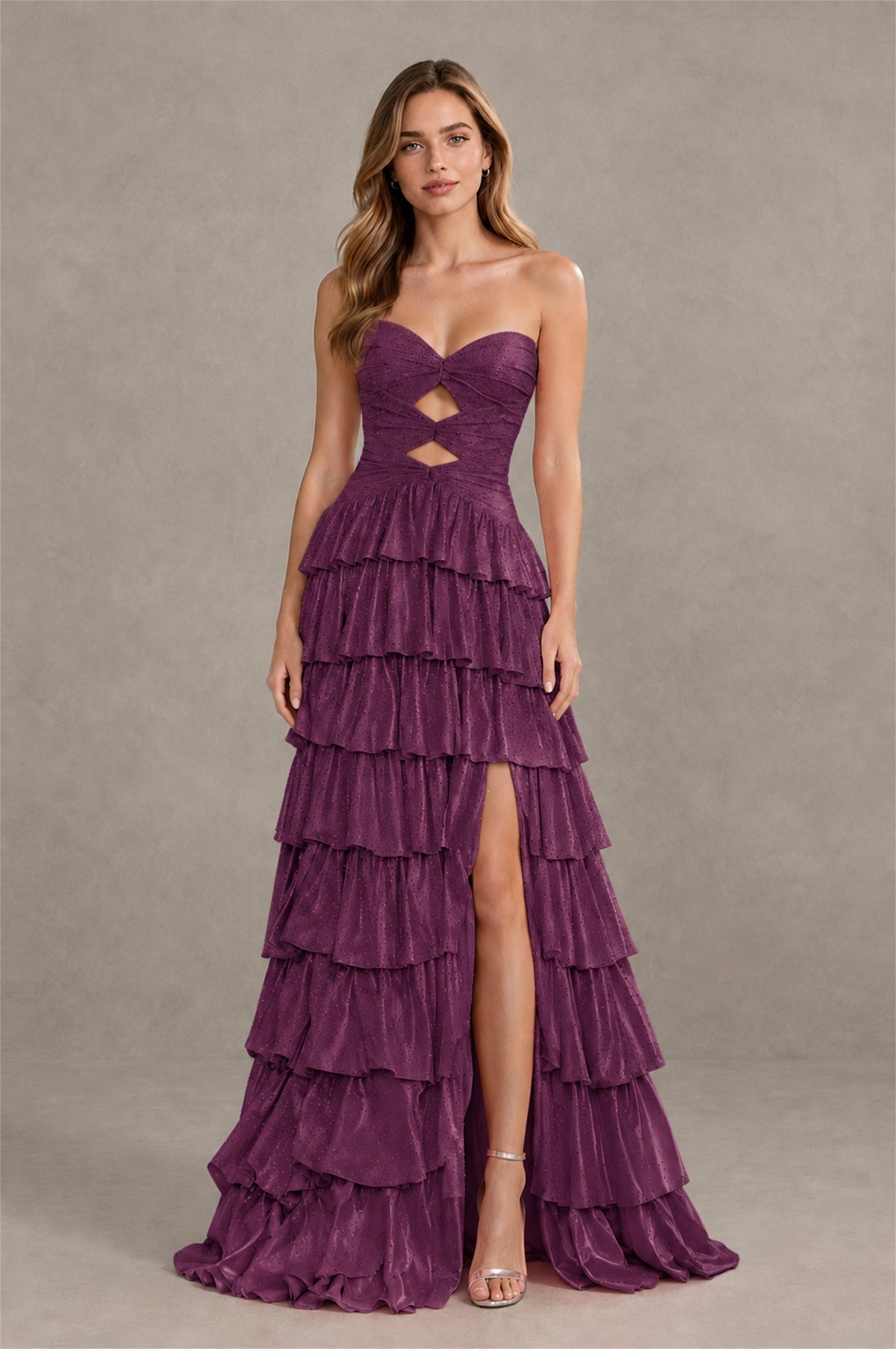 BOLODOO Plum Strapless Cutout Tiered Ruffle Prom Dress with High Slit - Plum - Plum (4)