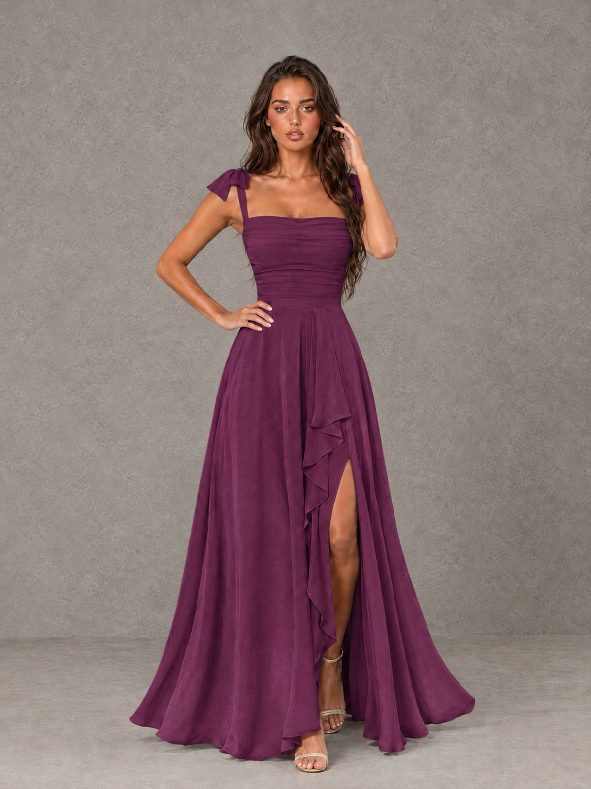 BOLODOO Plum Bow-Strap Bridesmaid Dress with Ruffle Slit - Plum - Plum (4)