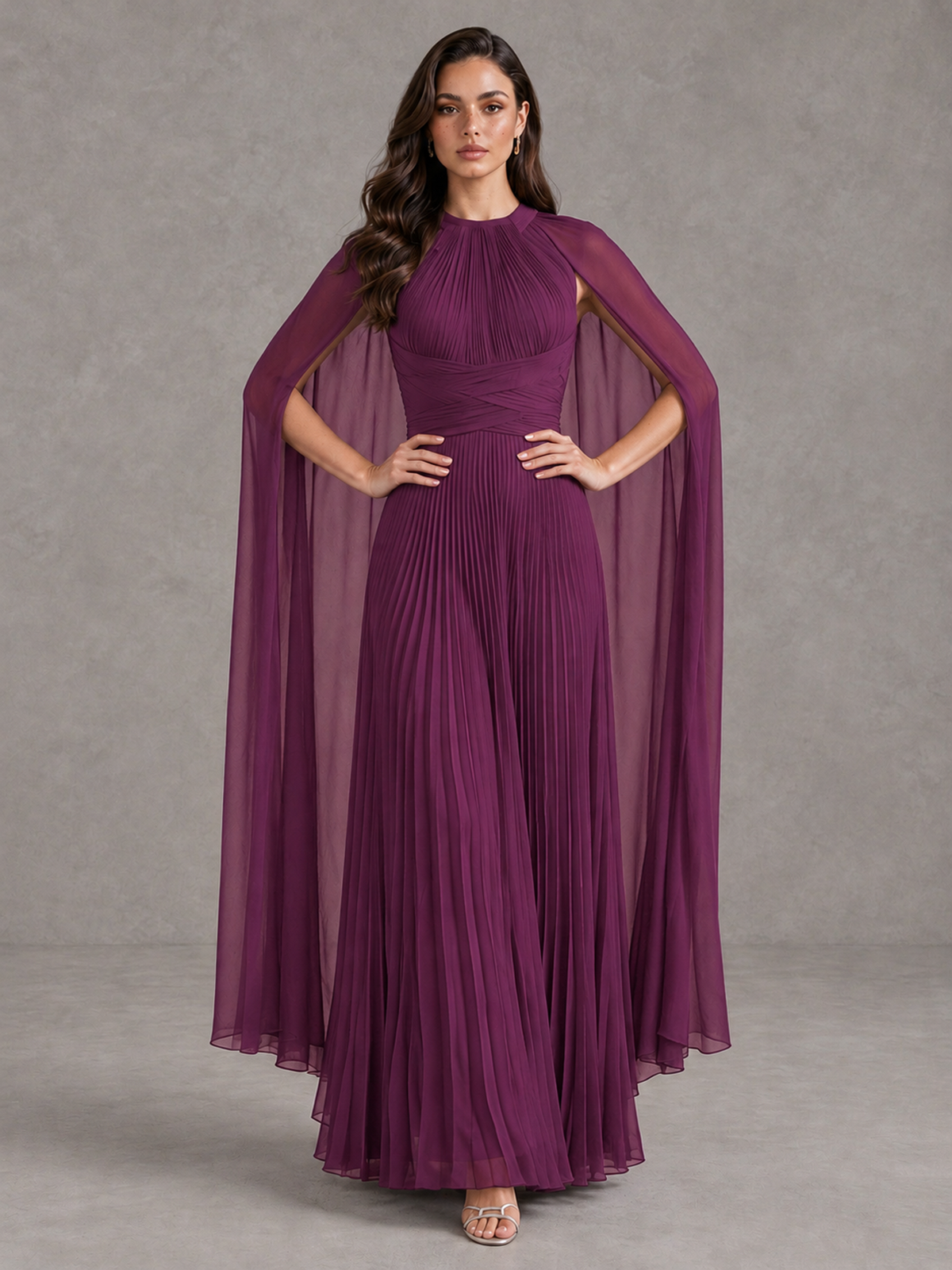 BOLODOO Plum Pleated Cape Maxi Wedding Guest Dress - Plum - Plum (4)