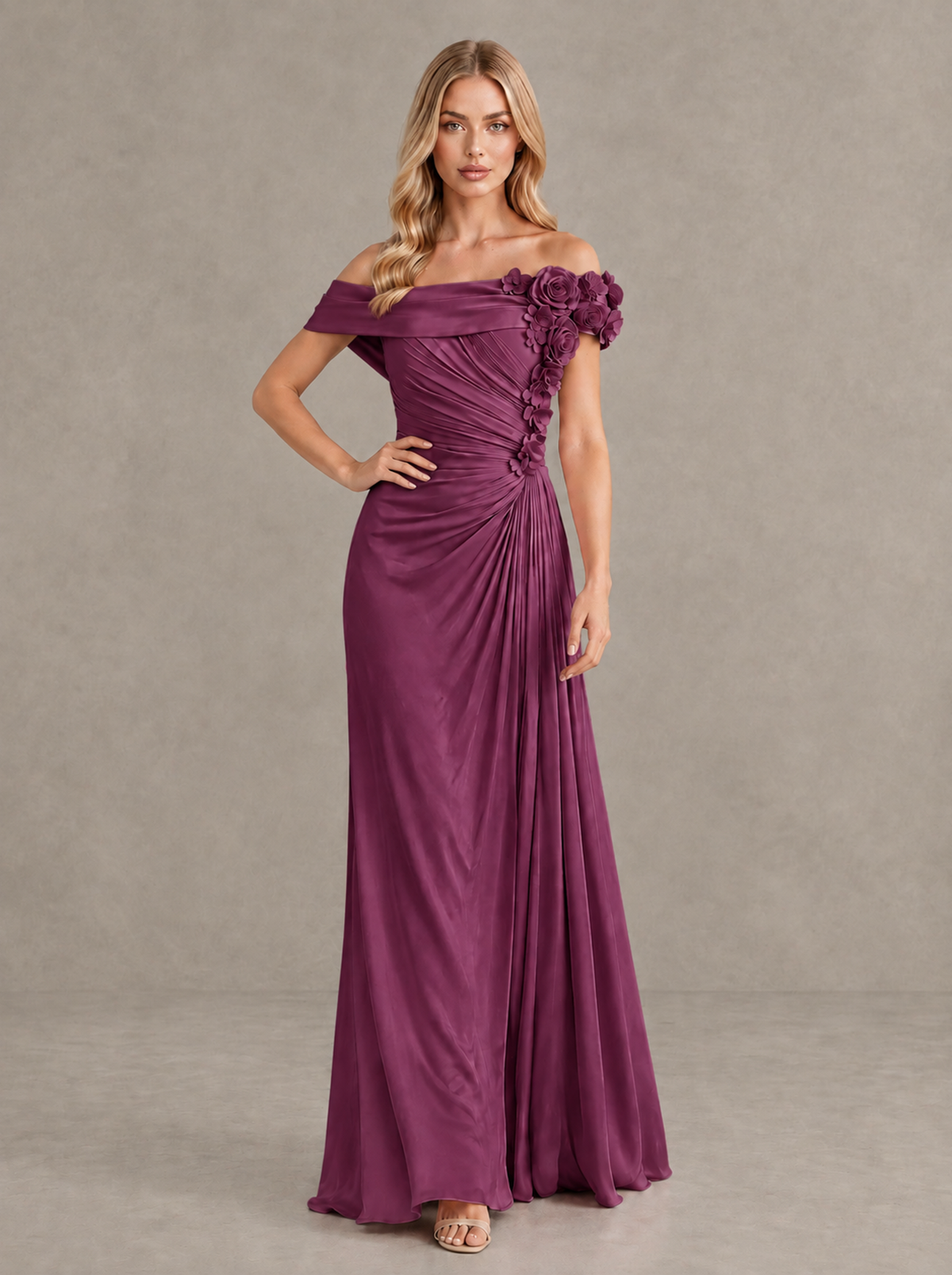 BOLODOO Plum Off-Shoulder Floral Applique Wedding Guest Maxi Dress - Plum - Plum (4)