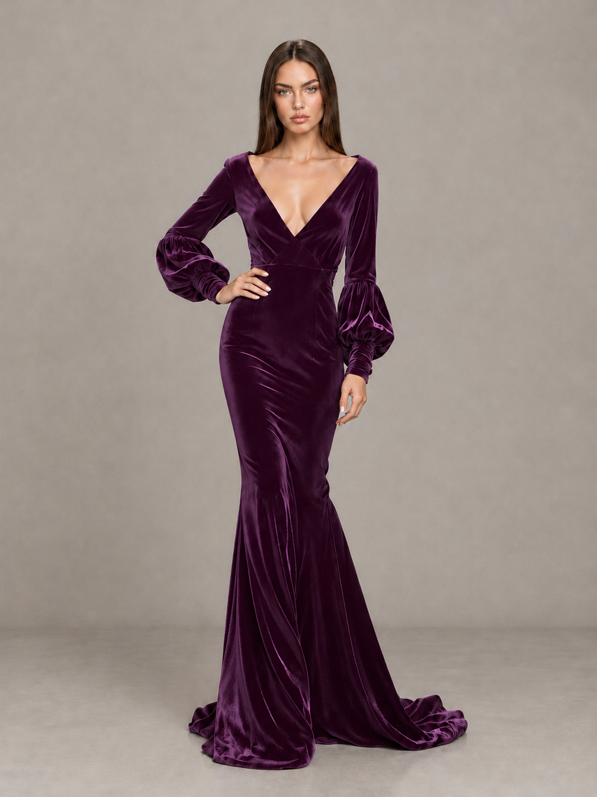 BOLODOO Plum Velvet V-Neck Long Sleeve Open Back Mermaid Evening Gown - Plum - Plum (4)