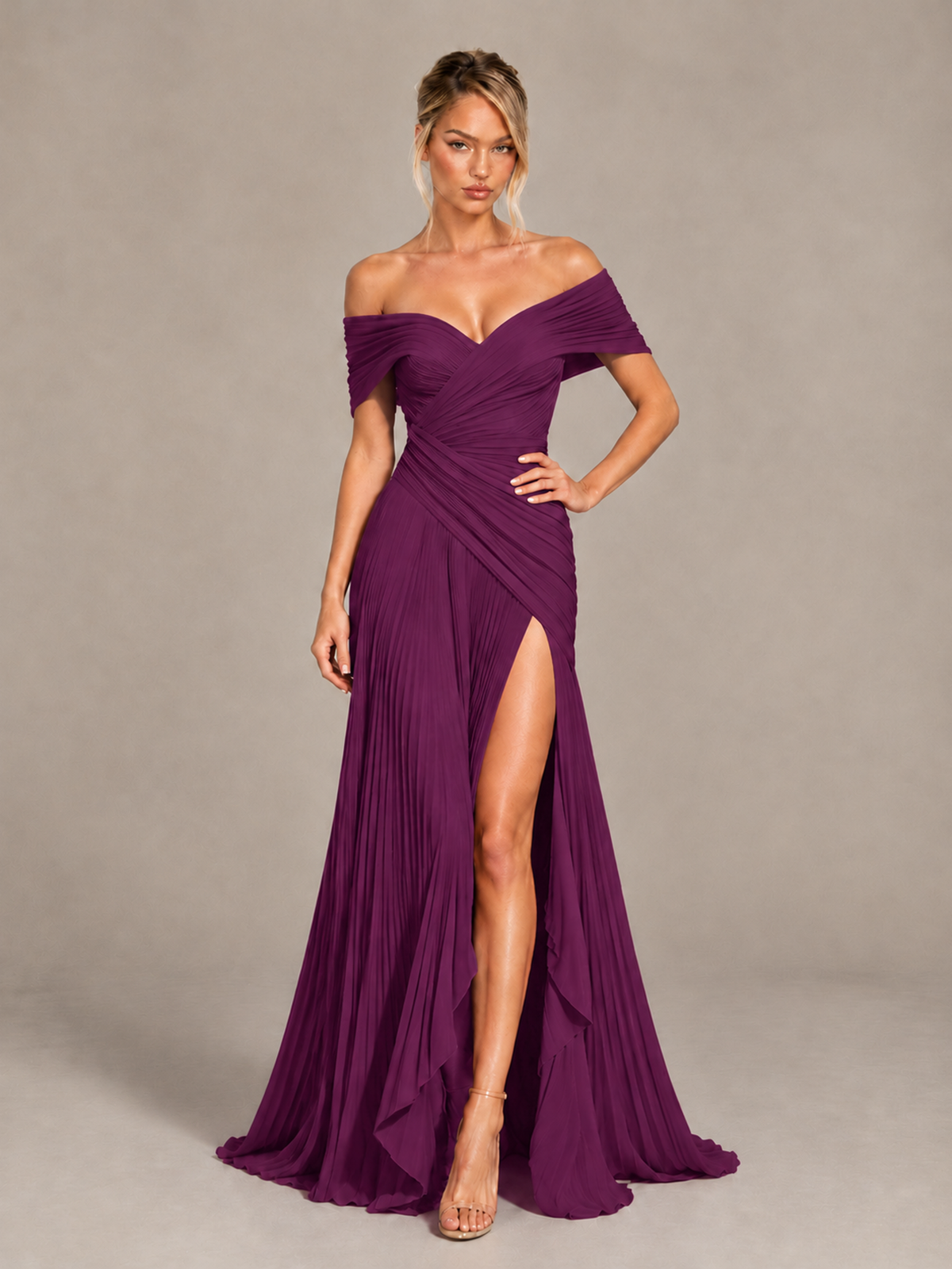 BOLODOO Plum Off-Shoulder Ruched Pleated Maxi Dress with High Slit - Plum - Plum (4)