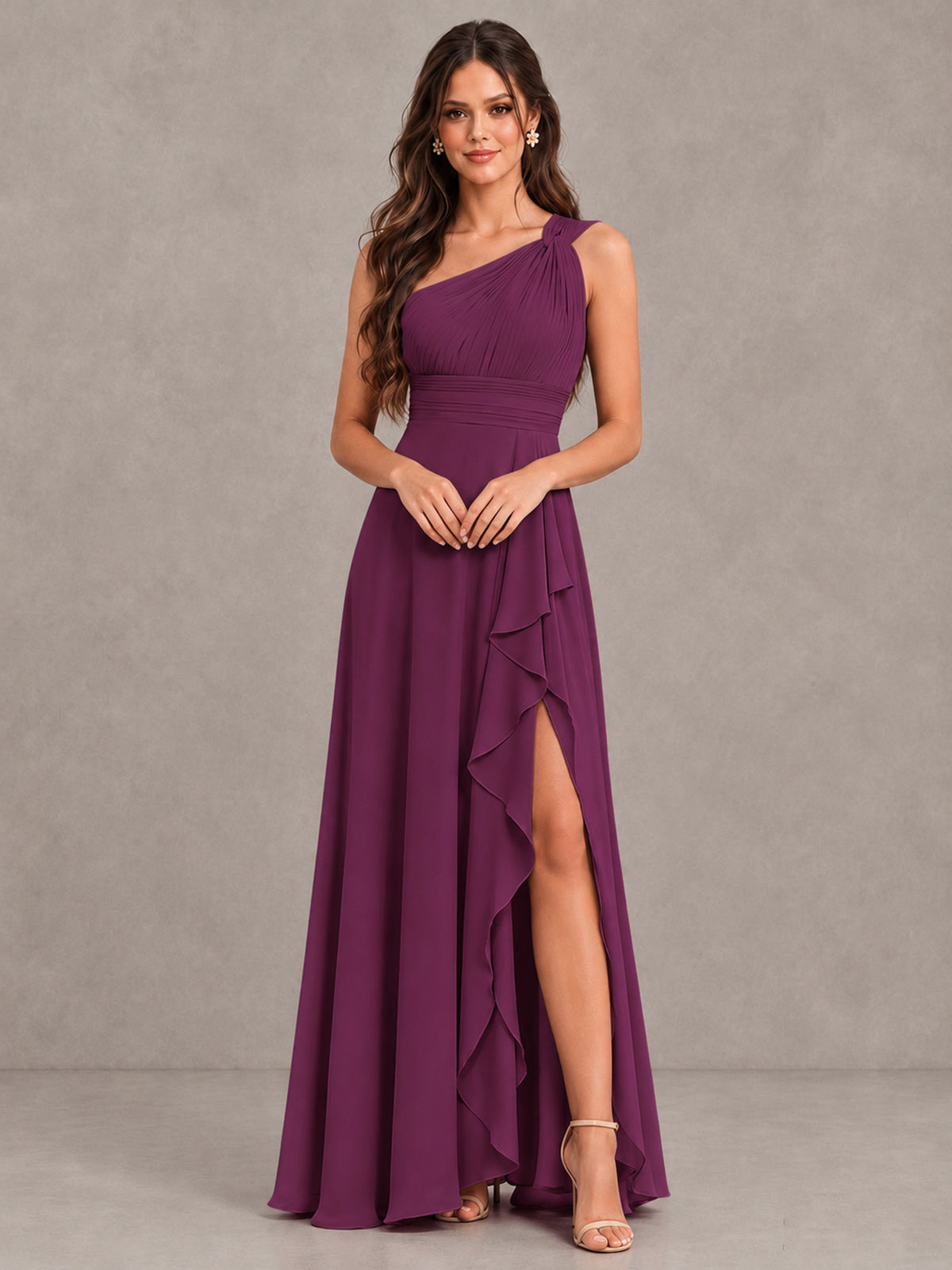 BOLODOO Plum One-Shoulder Ruffle Bridesmaid Dress with Slit - Plum - Plum (4)