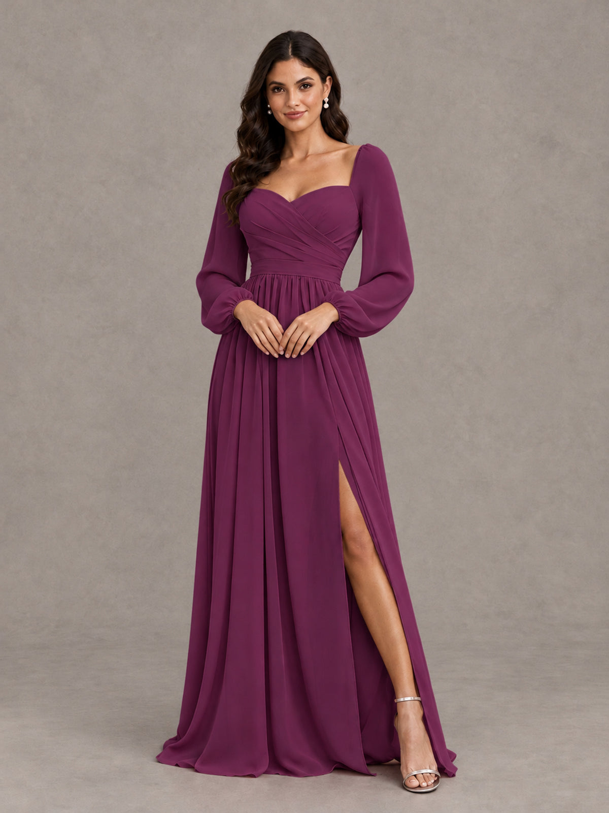 BOLODOO Plum Long Sleeve Chiffon Bridesmaid Dress with Slit - Plum - Plum (4)