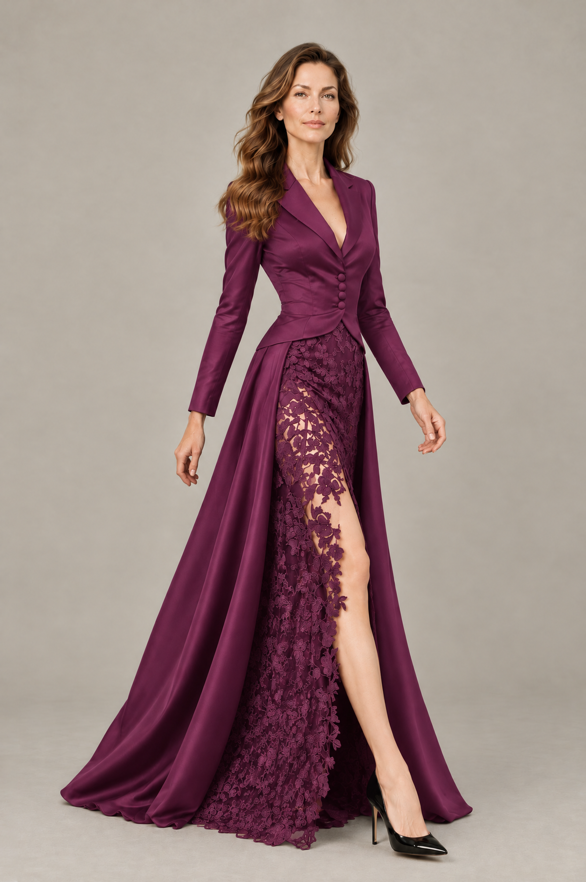 BOLODOO Plum Long Sleeve Lace Blazer Gown with High Slit - Plum - Plum (4)