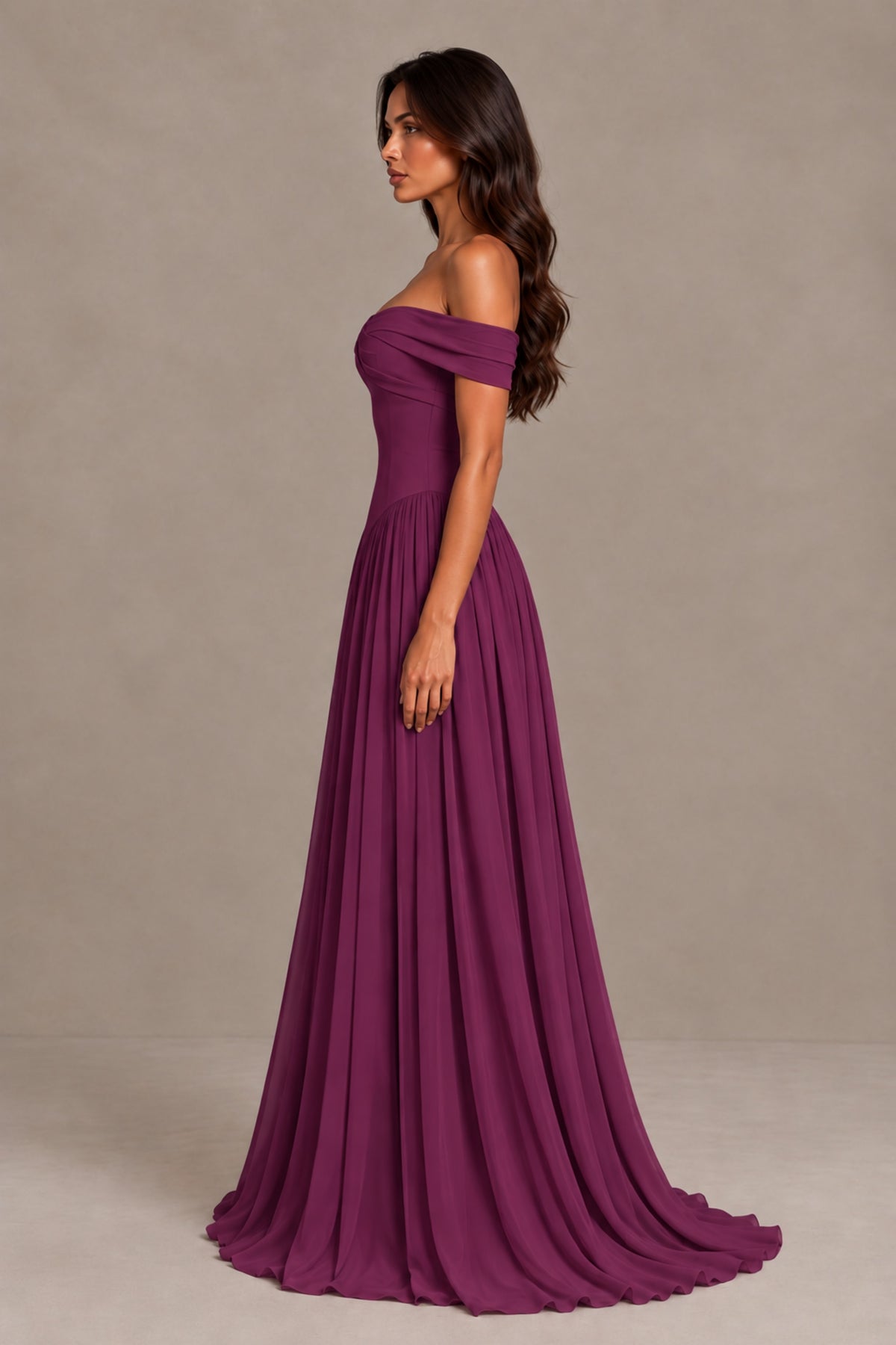 BOLODOO Plum Off-Shoulder Sweetheart Corset Pleated Chiffon Maxi Dress - Plum - Plum (4)