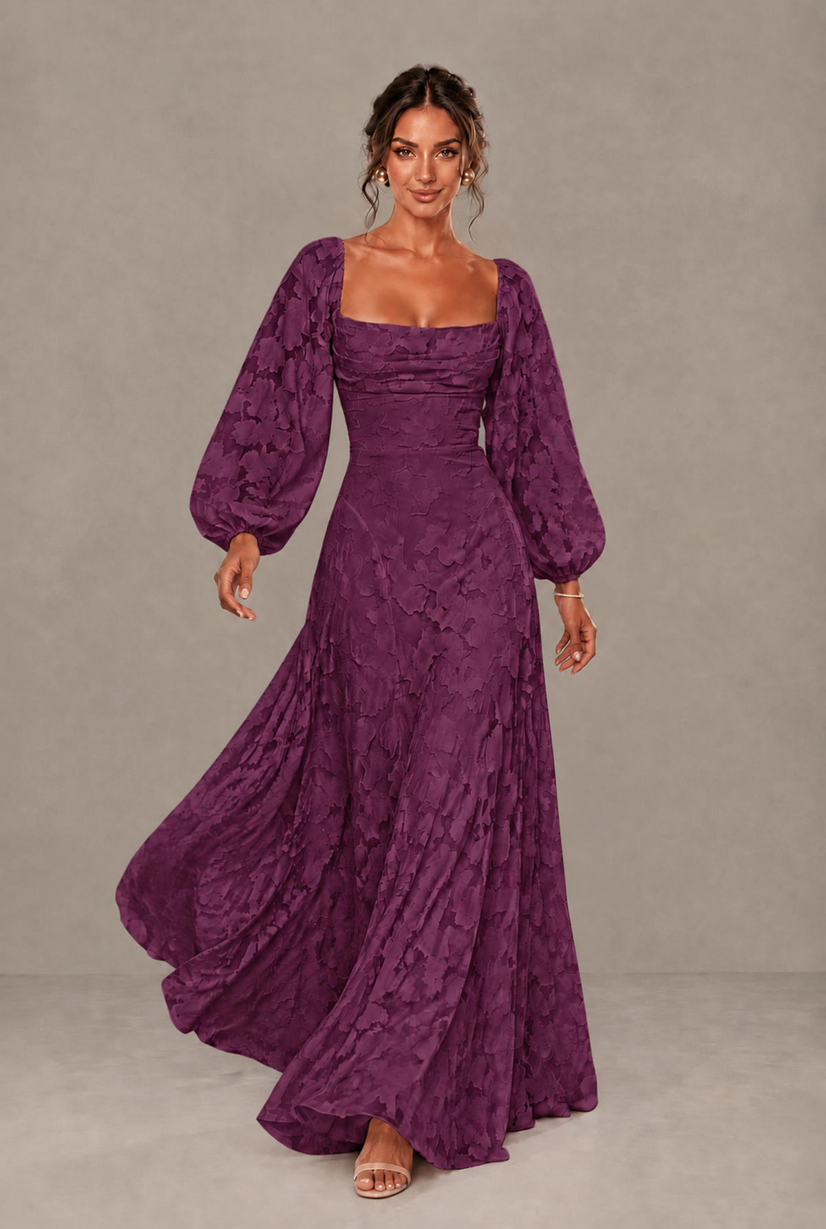 BOLODOO Floral Plum Long Sleeve A-Line Dress with Lace-Up Back - Plum