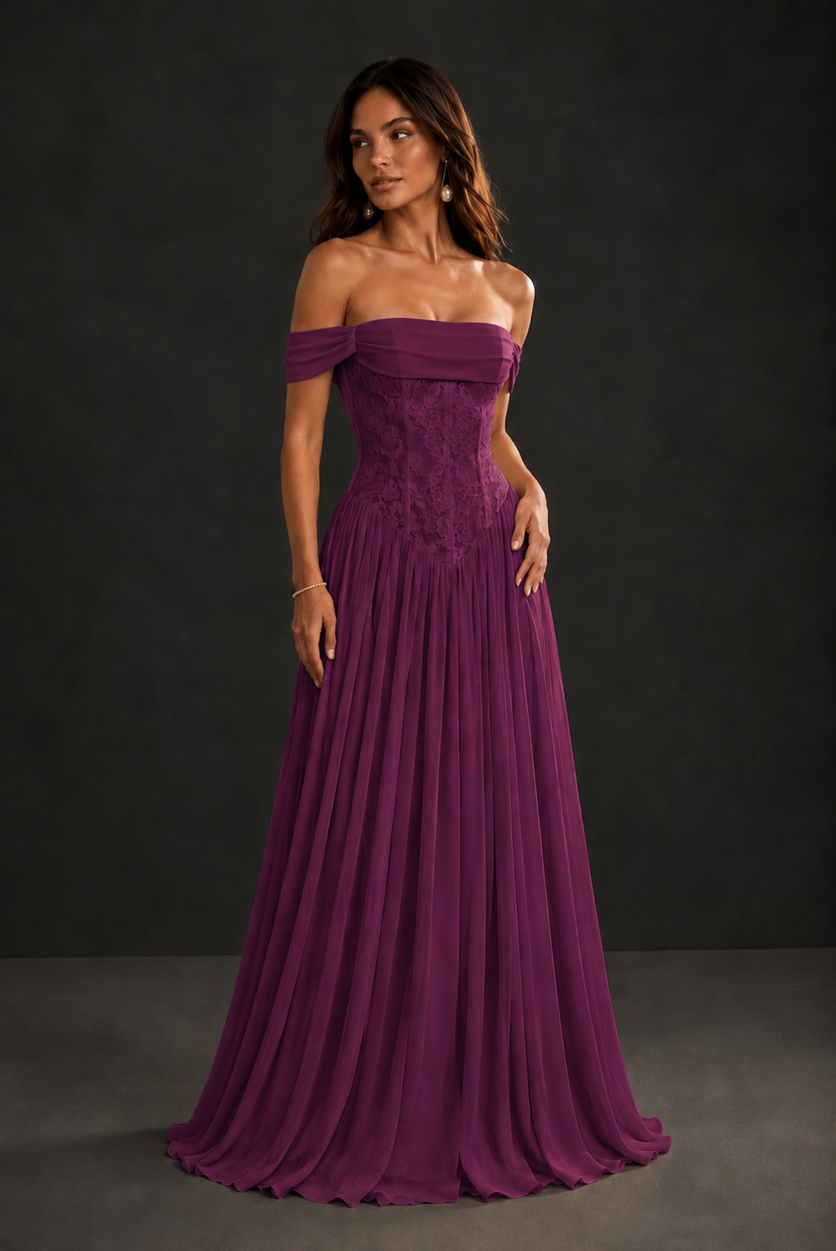 BOLODOO Plum Off-Shoulder Lace Corset Tulle Maxi Dress - Plum