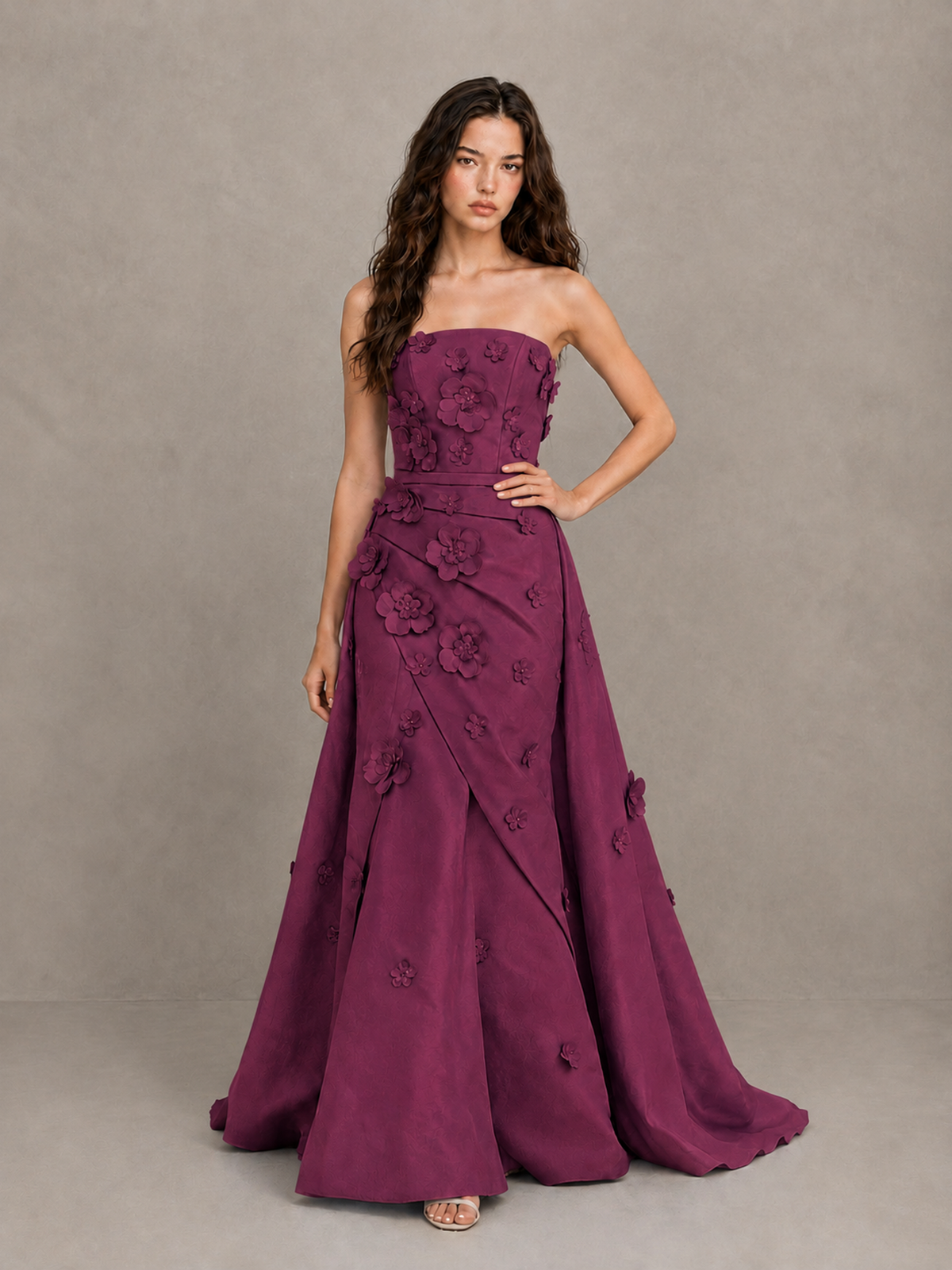 BOLODOO Plum Strapless 3D Floral Applique Prom Gown with Draped Skirt - Plum - Plum (4)