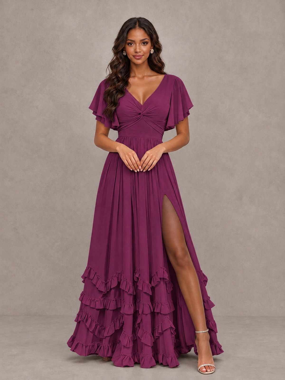 BOLODOO Plum V-Neck Flutter Sleeve Ruffle Bridesmaid Dress with Slit - Plum - Plum (4)