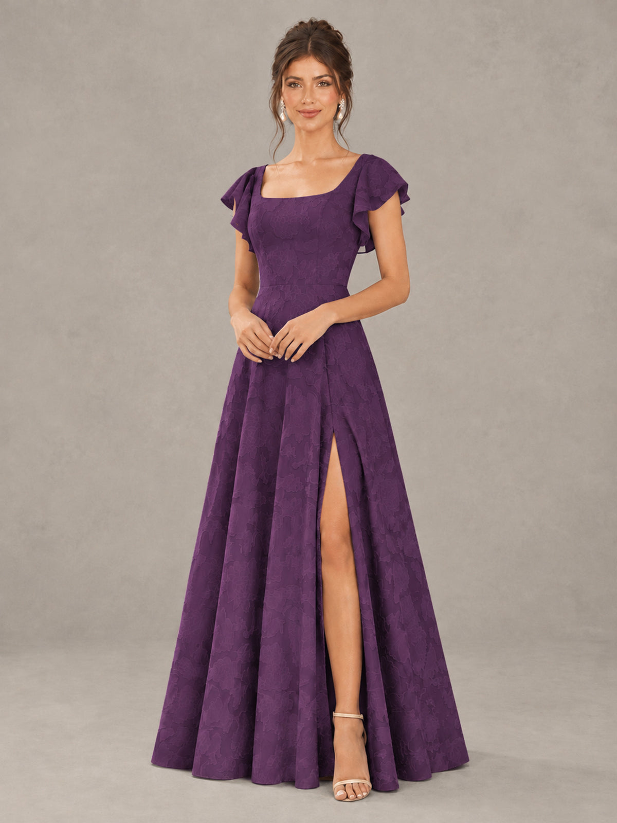 BOLODOO Plum Floral Flutter Sleeve Bridesmaid Dress with Slit - Plum - Plum (4)