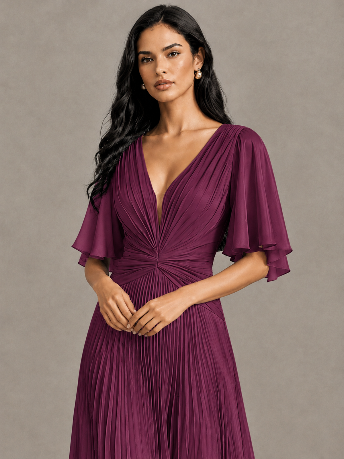 BOLODOO Plum Pleated V-Neck Flutter Sleeve Bridesmaid Dress - Plum - Plum (4)