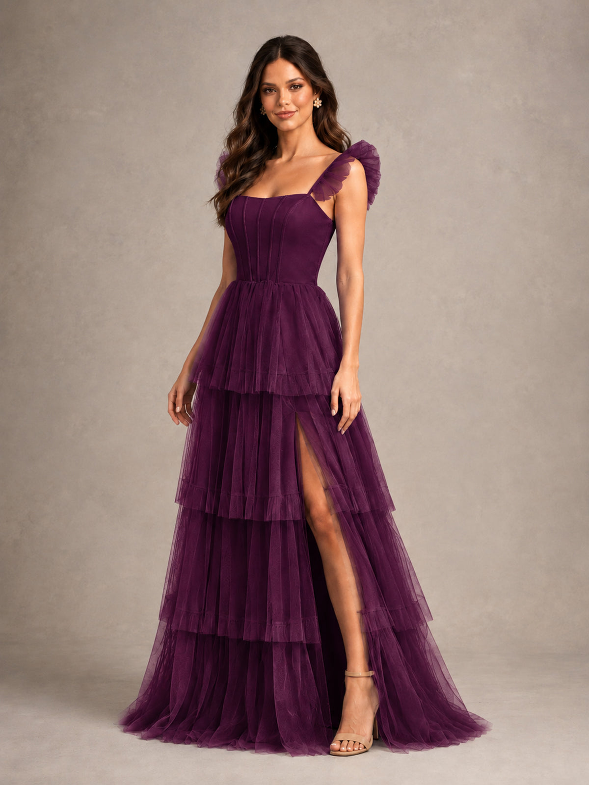 BOLODOO Plum Tiered Tulle Bridesmaid Dress with Slit - Plum - Plum (4)