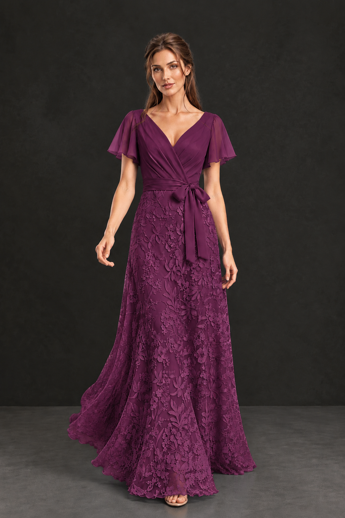 BOLODOO Plum Flutter Sleeve Lace Mother of the Bride Dress - Plum