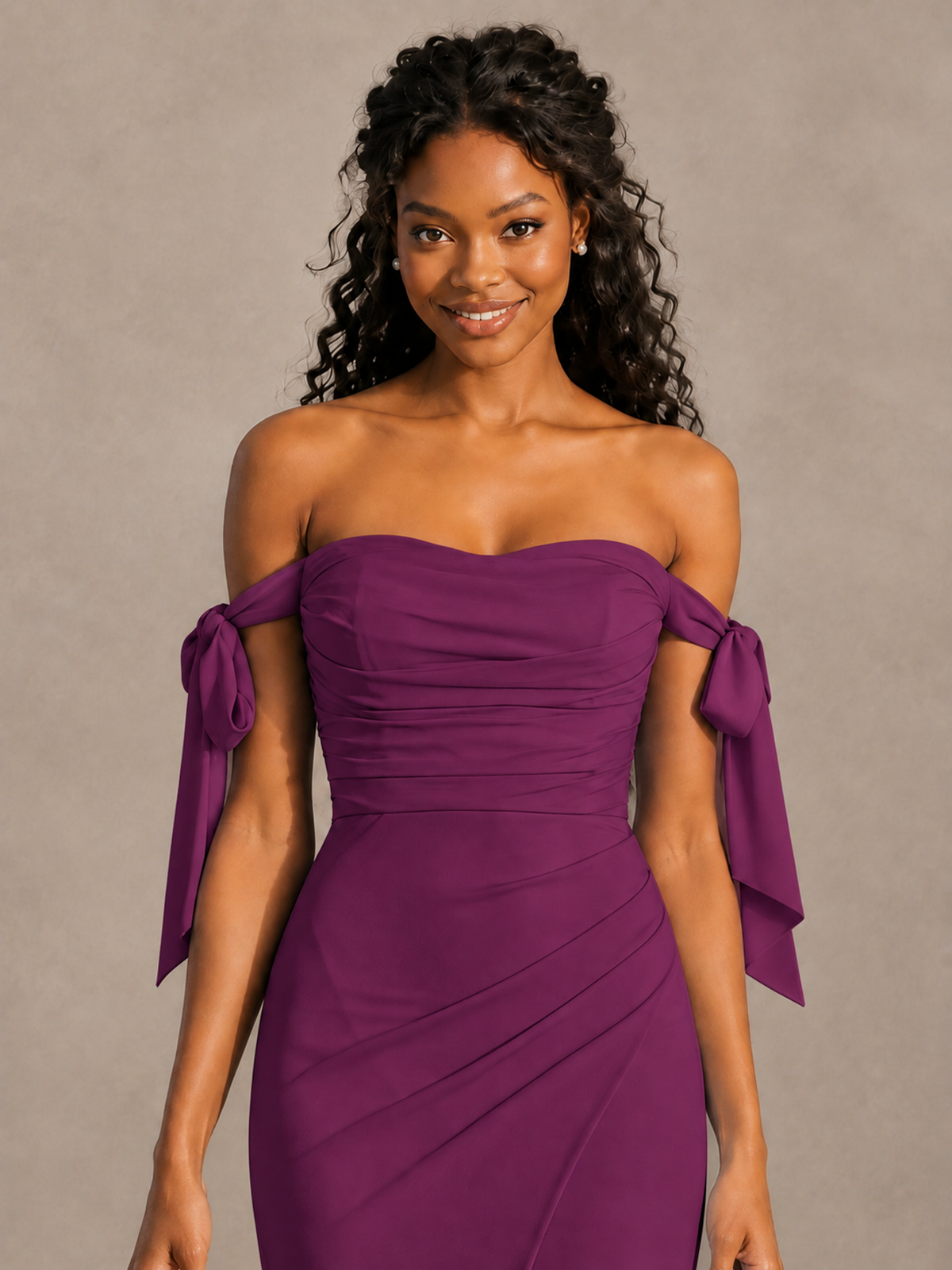 Plum Off-Shoulder Bow Bridesmaid Dress with Slit - Plum - Plum (4)