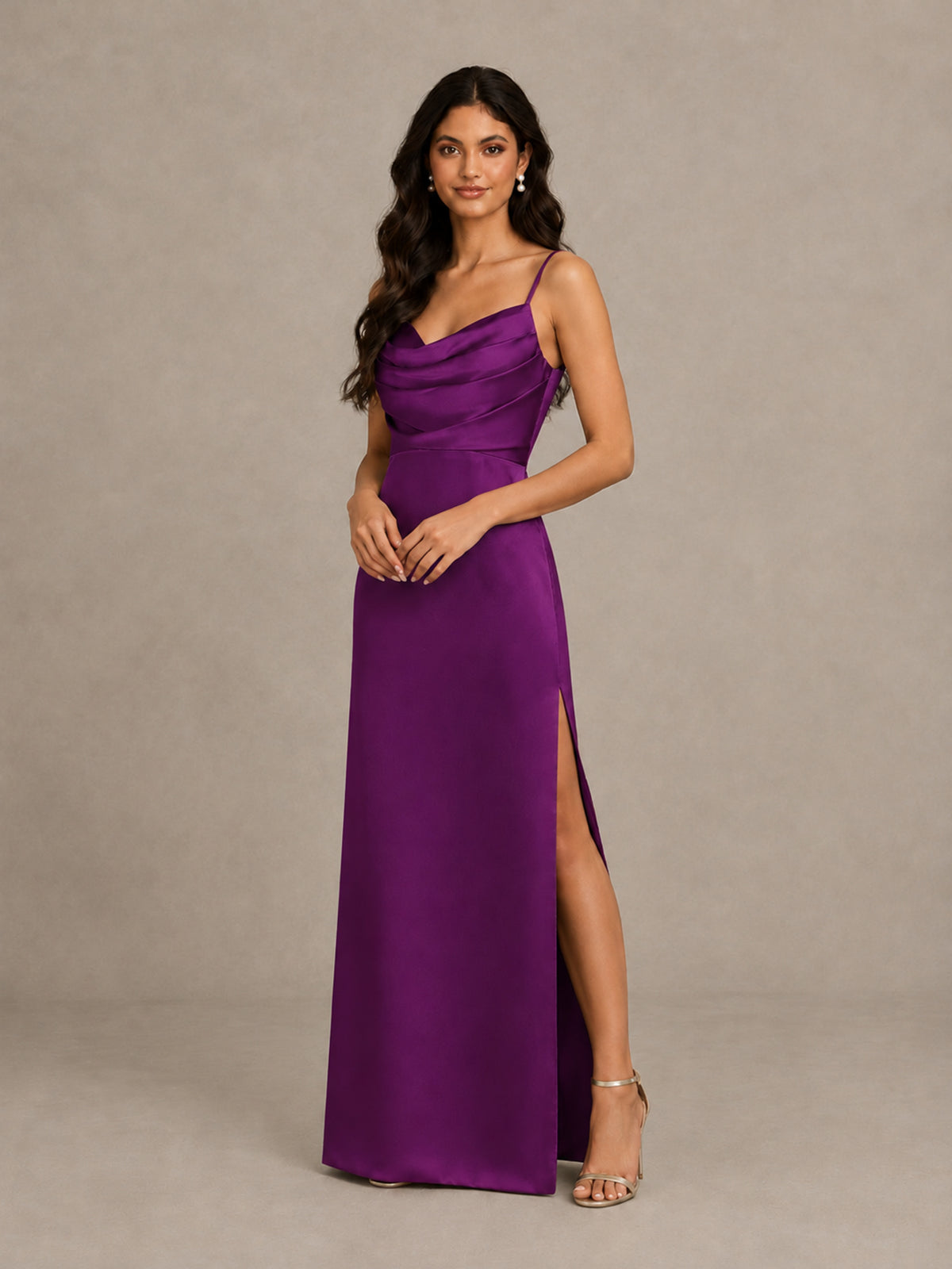 BOLODOO Plum Cowl Neck Satin Bridesmaid Dress with Slit - Plum - Plum (4)