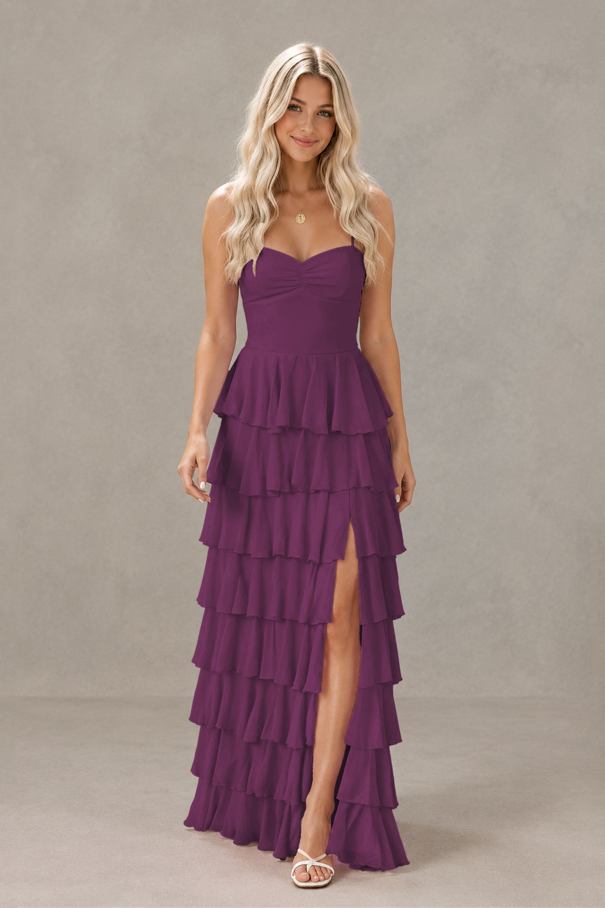 BOLODOO Plum Strapless Tiered Ruffle Maxi Dress with Slit & Lace-Up Back - Plum