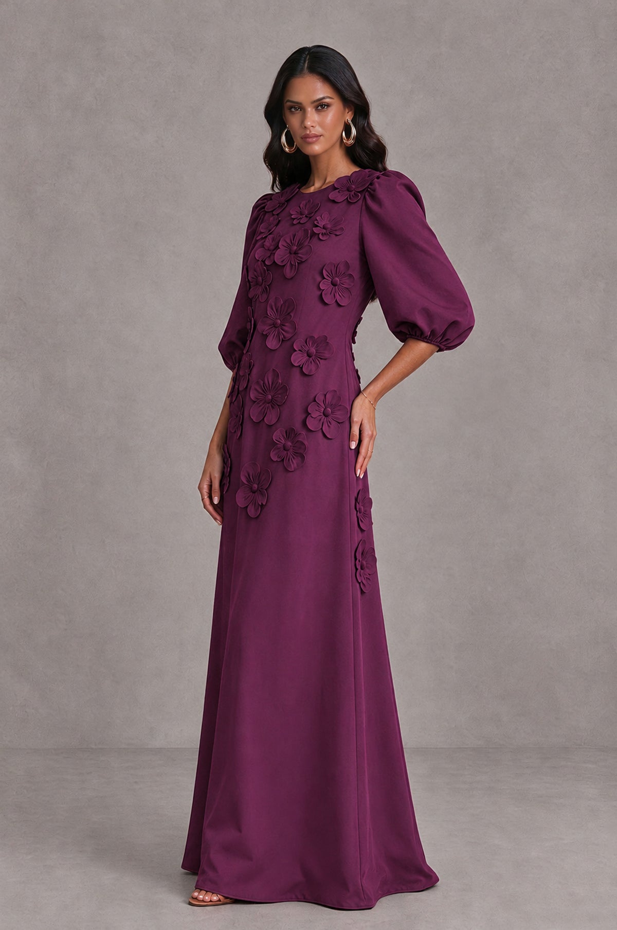 BOLODOO Plum Floral Applique Puff Sleeve A-Line Evening Dress - Plum - Plum (4)