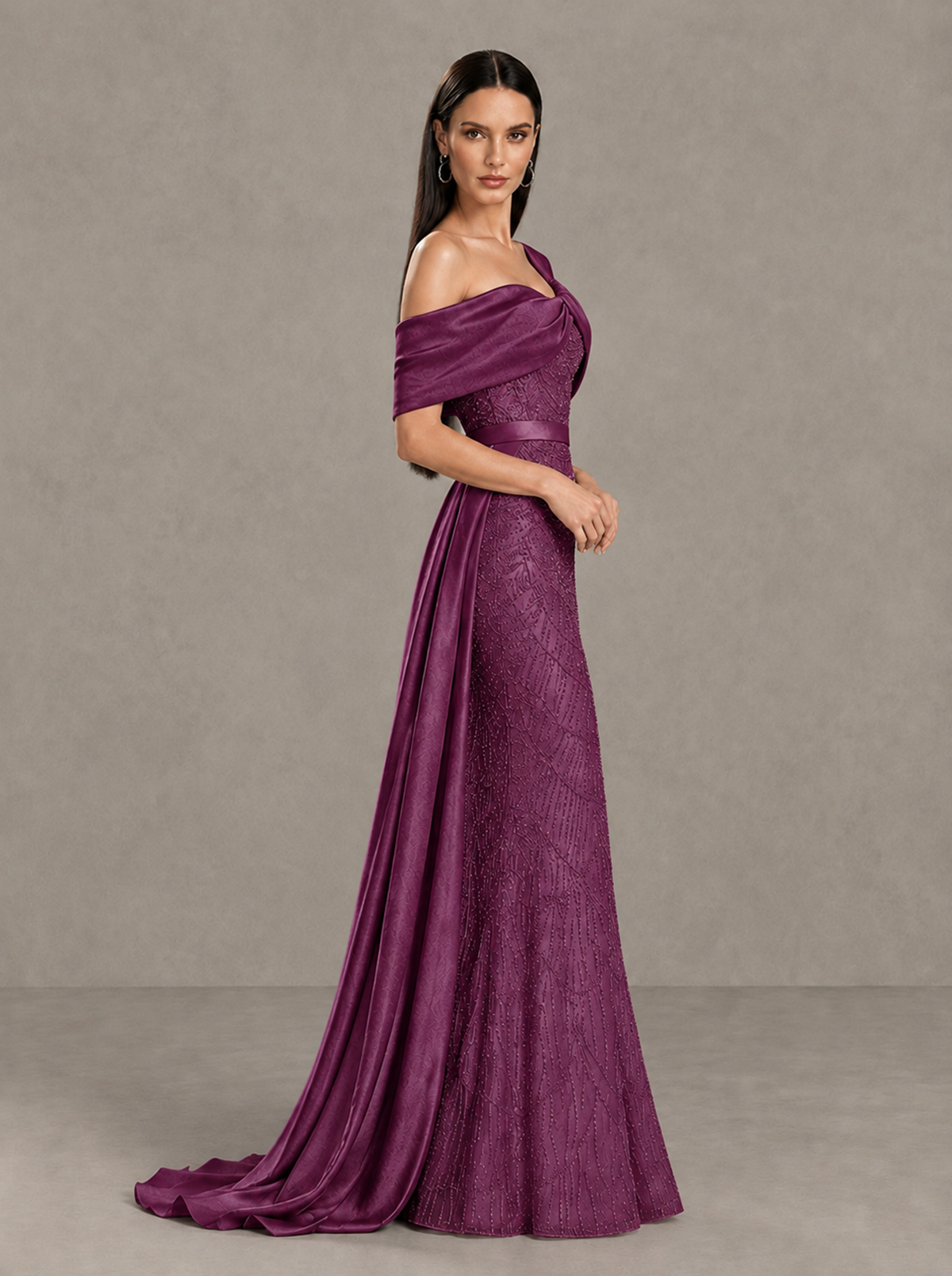 BOLODOO Plum Asymmetric Draped Mermaid Evening Gown with Train - Plum - Plum (4)