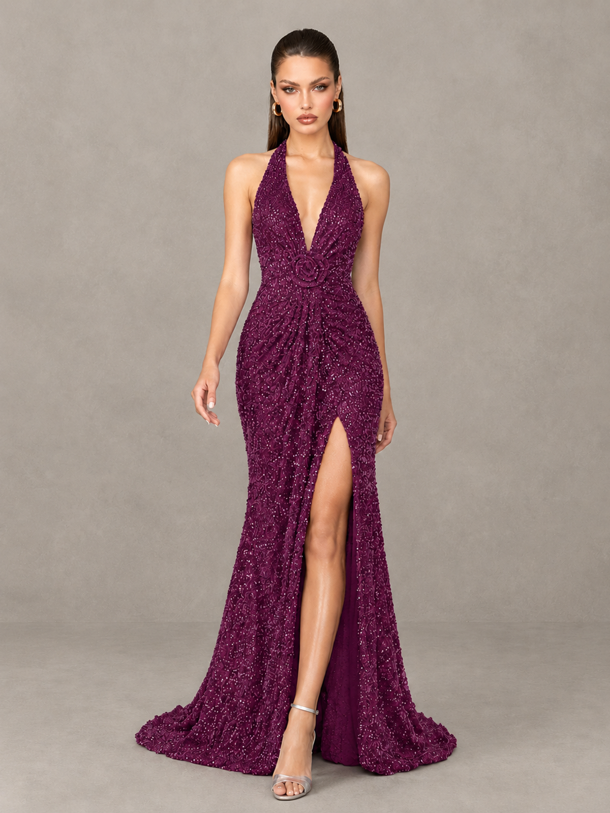 BOLODOO Plum Sequin Halter Open Back Evening Gown with High Slit - Plum - Plum (4)