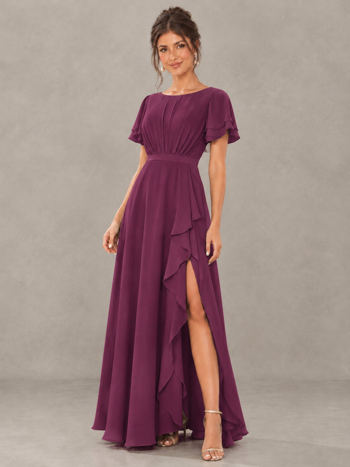 BOLODOO Plum Flutter Sleeve Ruffle Bridesmaid Dress with Slit - Plum - Plum (4)