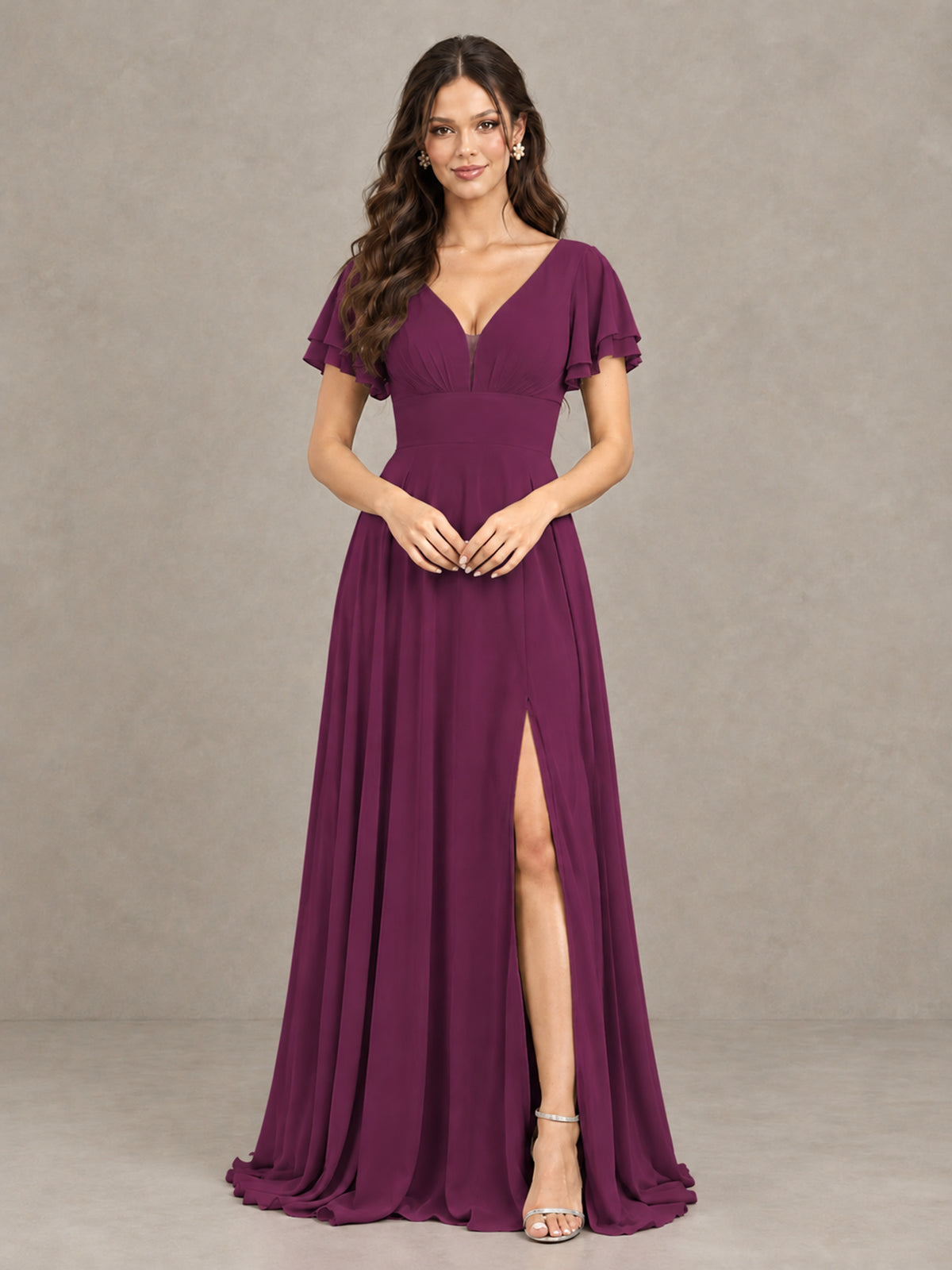 BOLODOO Plum Flutter Sleeve Chiffon A-Line Maxi Bridesmaid Dress with Open Back & Slit - Plum - Plum (4)