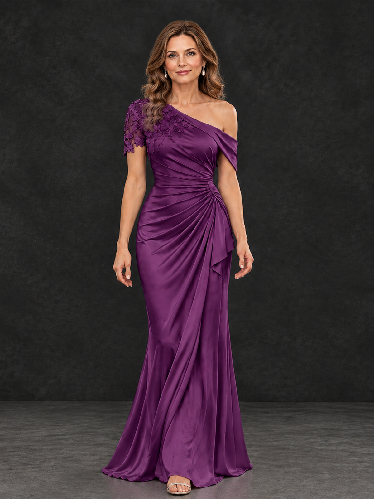 BOLODOO Plum Asymmetric Satin Mother of the Bride Dress with Lace Sleeve - Plum - Plum (4)
