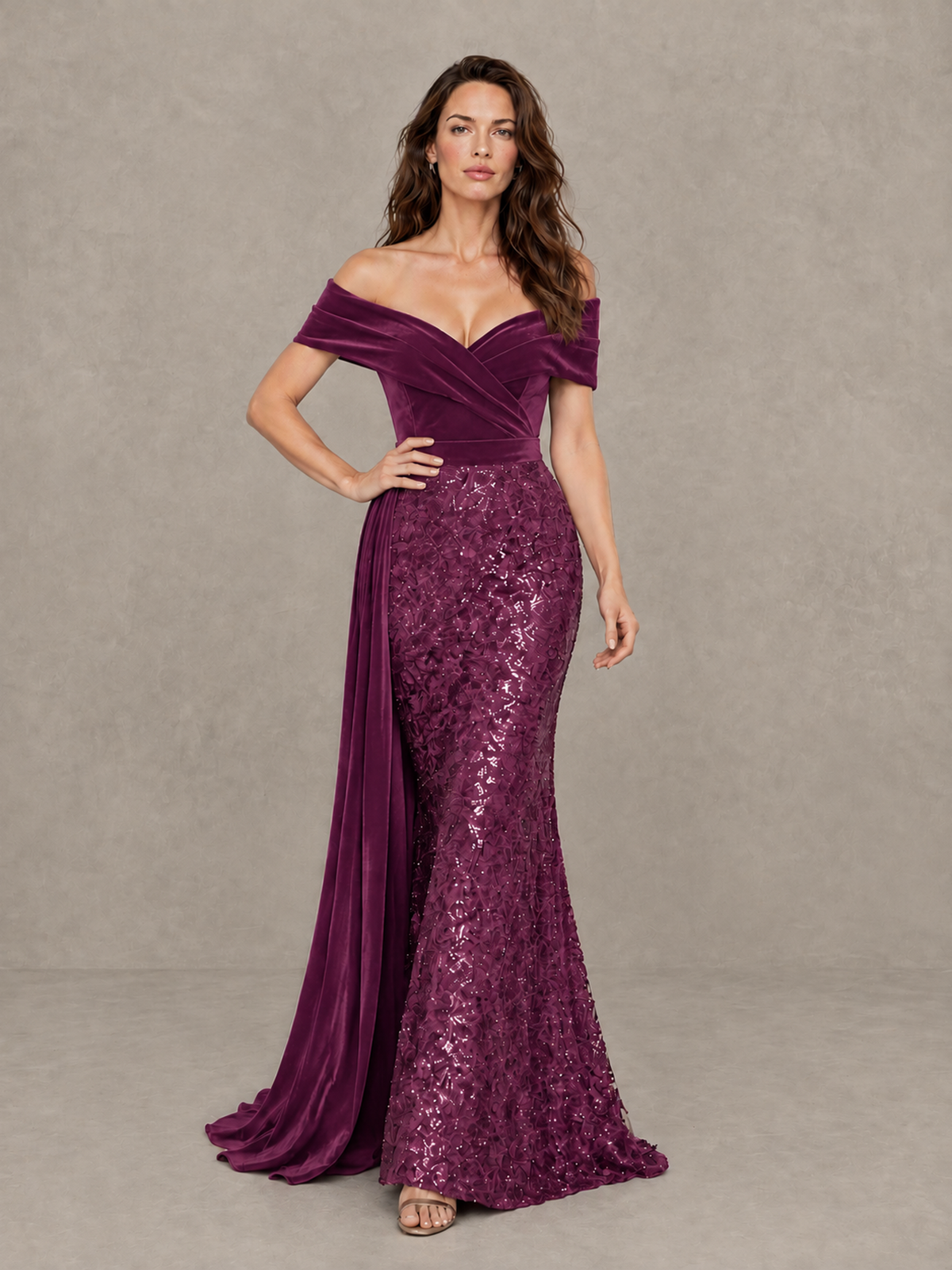 BOLODOO Plum Off-Shoulder Velvet & Sequin Evening Gown with Side Train - Plum - Plum (4)