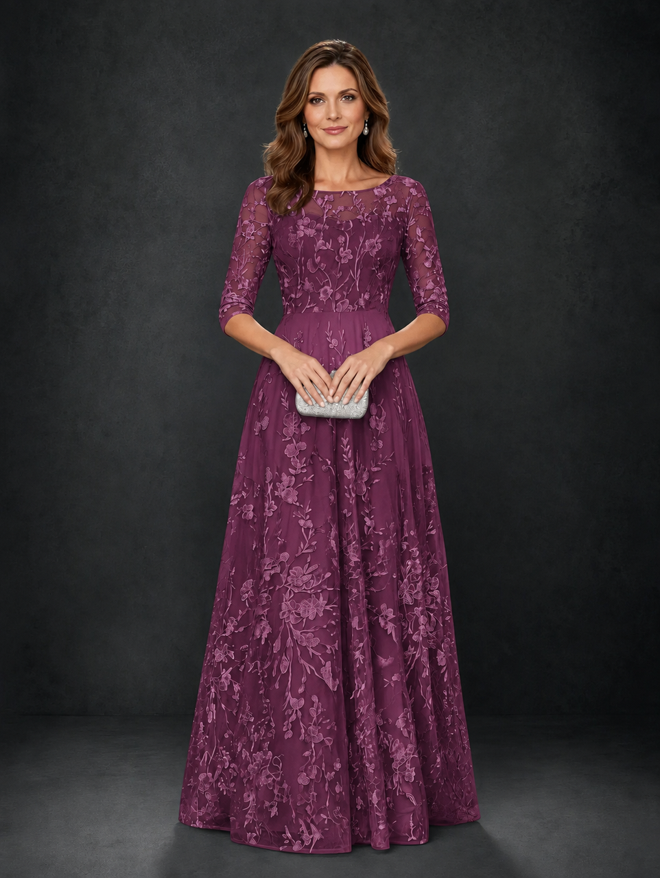 BOLODOO Plum Illusion Bateau Neck 3/4 Sleeve Floral Lace A-Line Mother of the Bride Dress MX007 - Plum