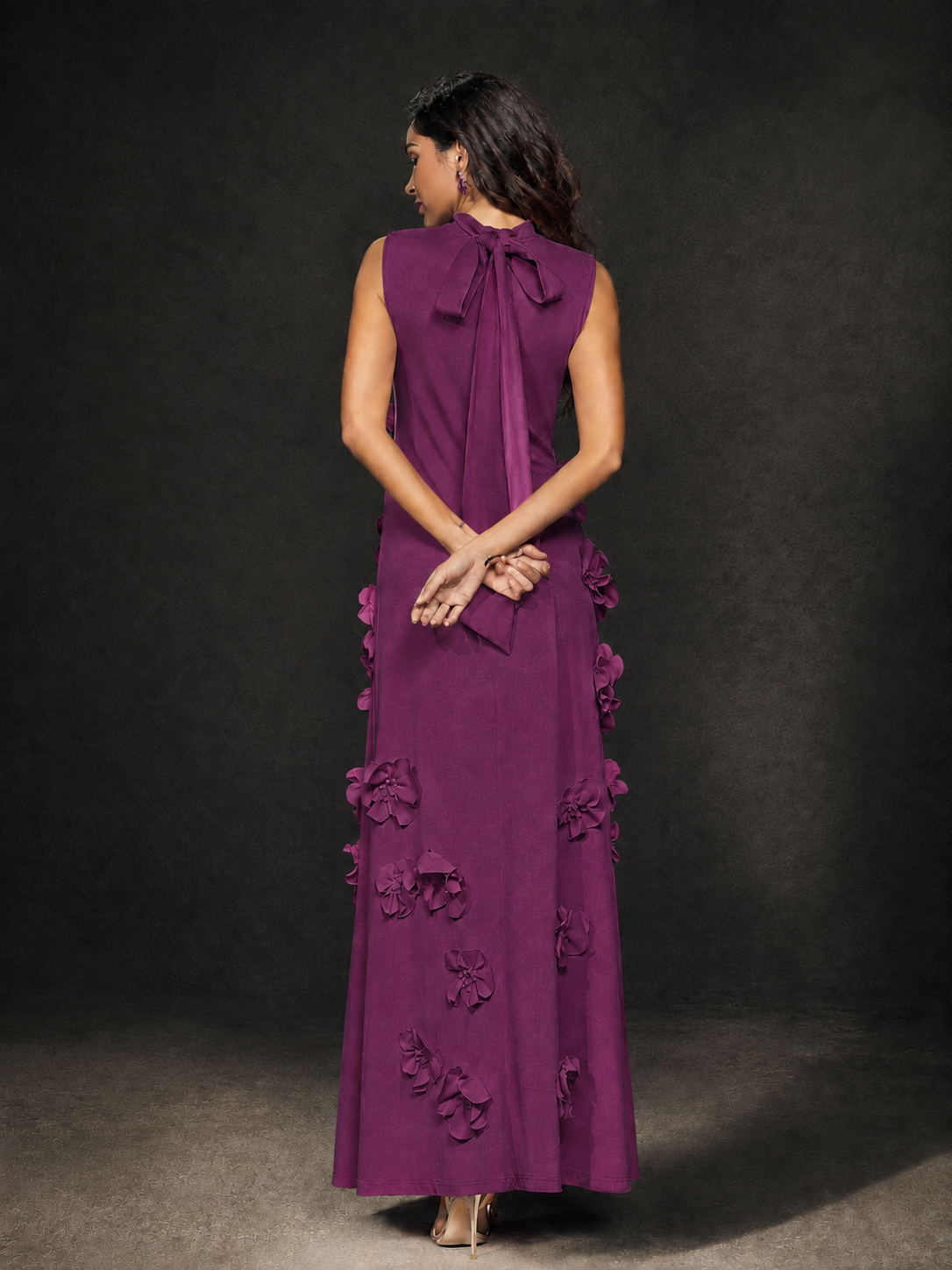BOLODOO Plum Mock Neck Sleeveless 3D Floral Appliqué Maxi Dress with Bow Back - Plum