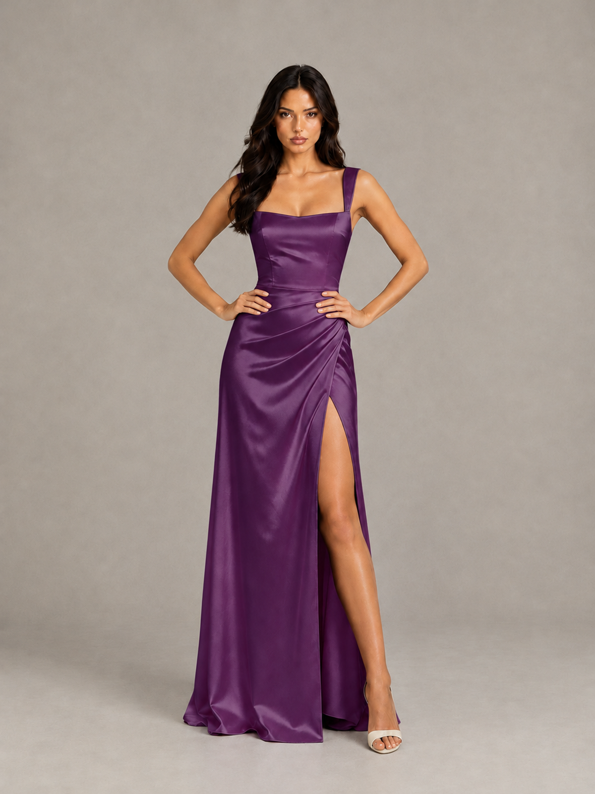 BOLODOO Plum Satin Lace-Up Bridesmaid Dress with Slit - Plum - Plum (5)