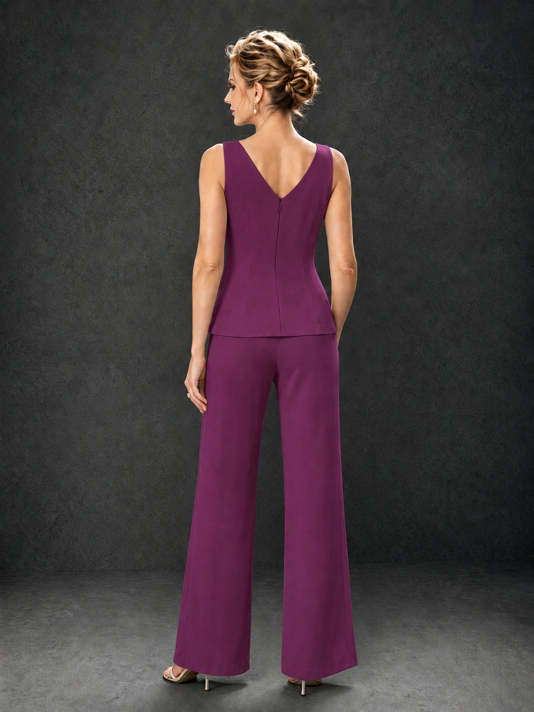 BOLODOO Plum 3-Piece Mother of the Bride Pant Suit with Beaded Top & Chiffon Jacket - Plum