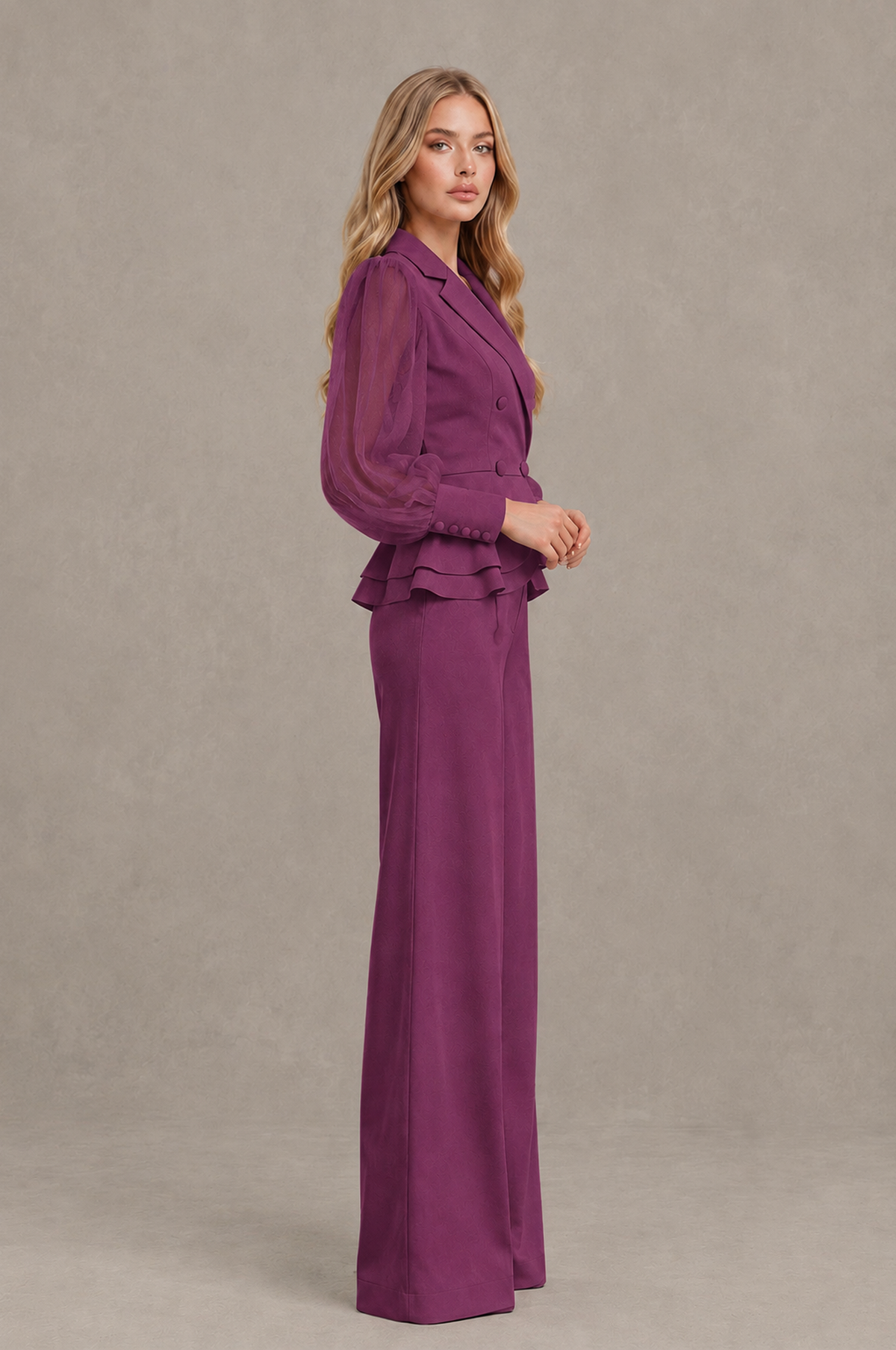BOLODOO Mint Plum Peplum Blazer Wide-Leg Pantsuit with Sheer Puff Sleeves - Plum