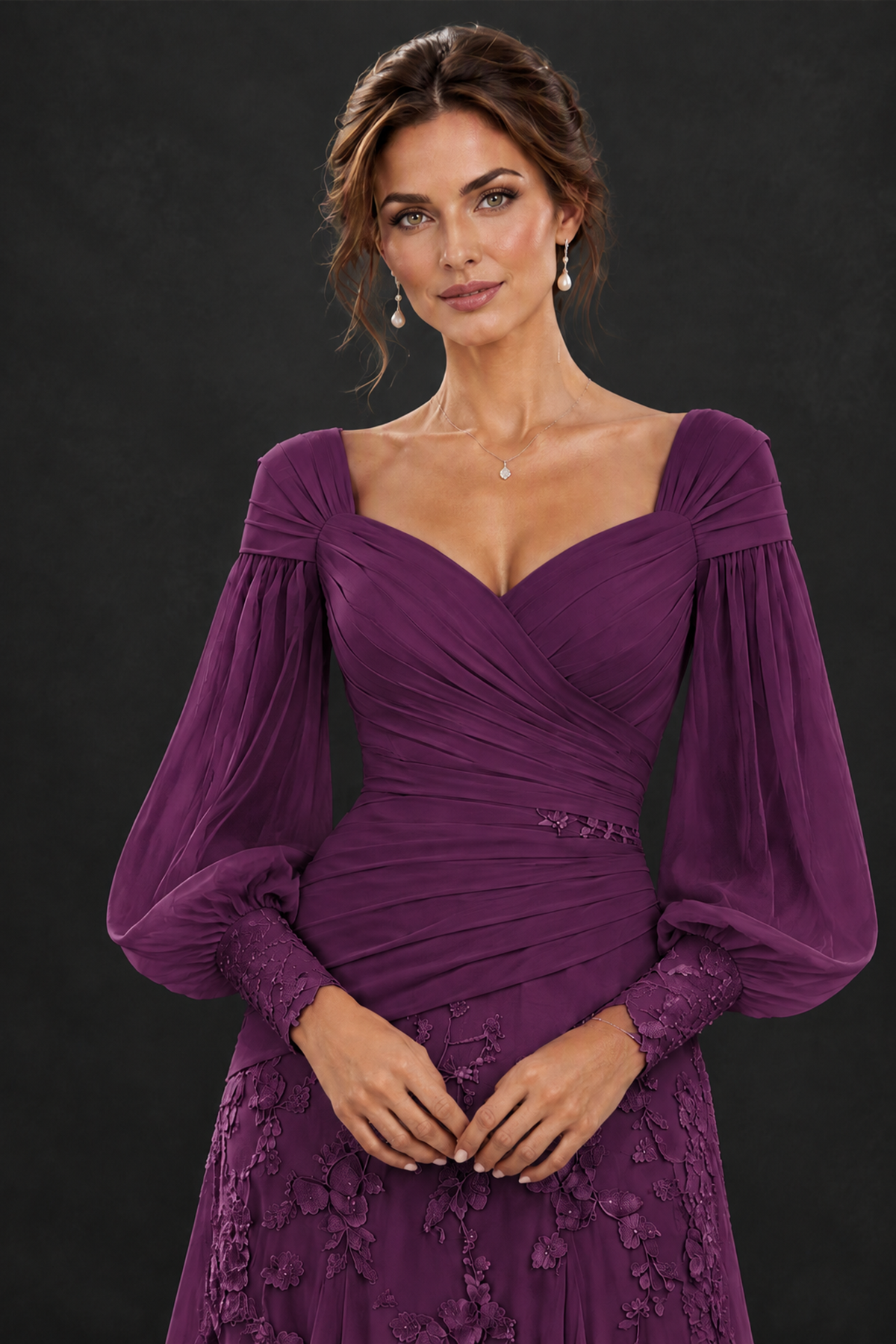 BOLODOO Plum Long Sleeve Mother of the Bride Dress with Floral Appliqués - Plum - Plum (5)