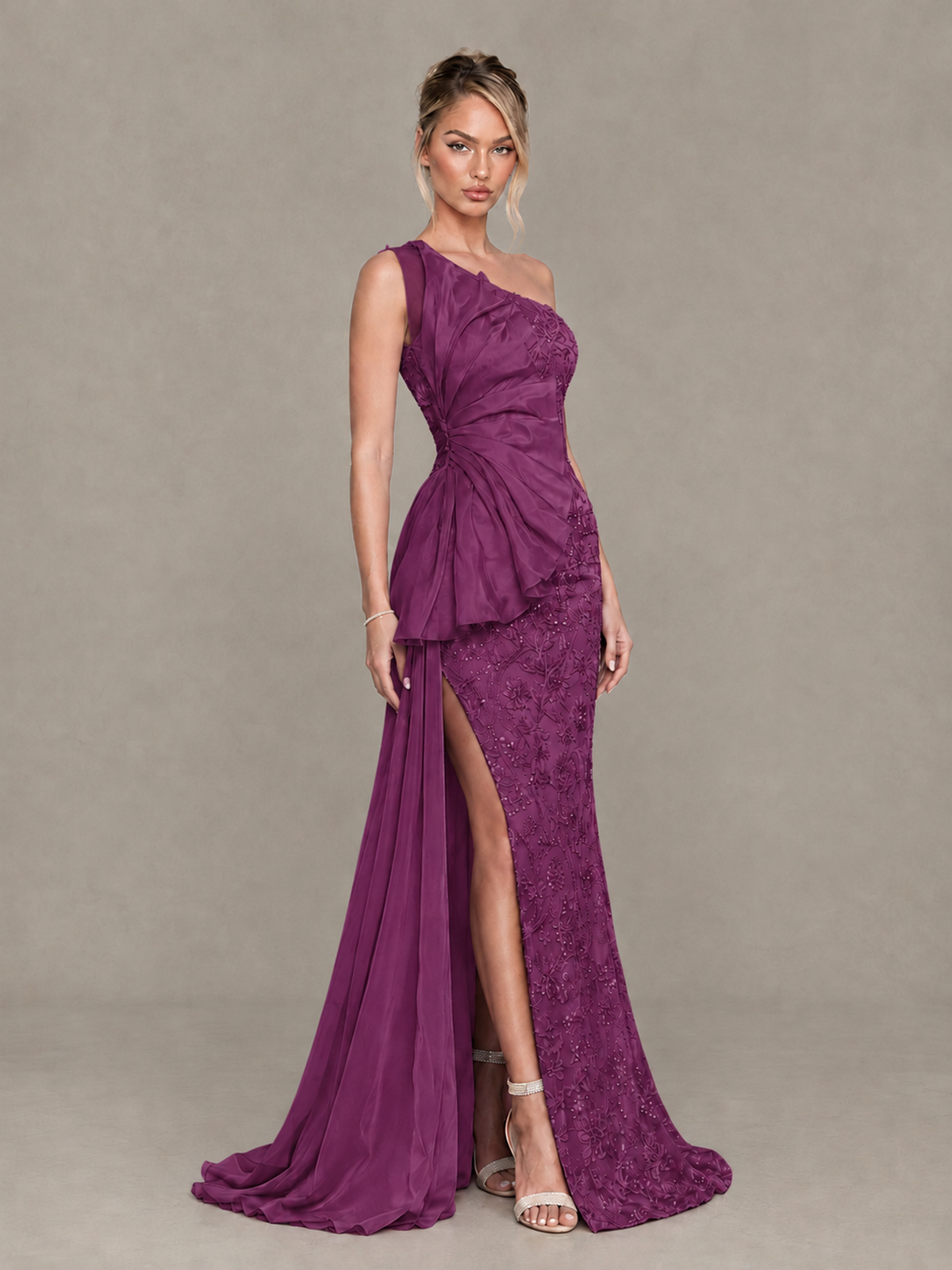 BOLODOO Plum One-Shoulder Floral Lace Evening Gown with High Slit 