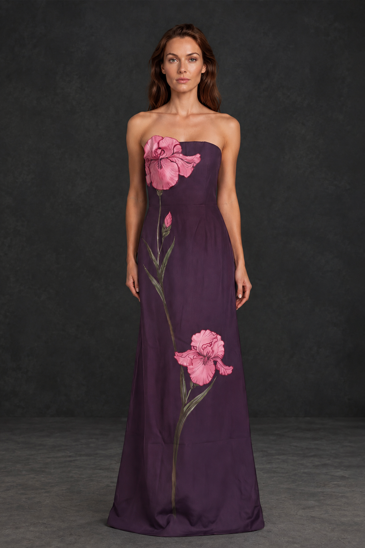 BOLODOO XX073 plum strapless floor-length gown with oversized pink floral motifs, full front view