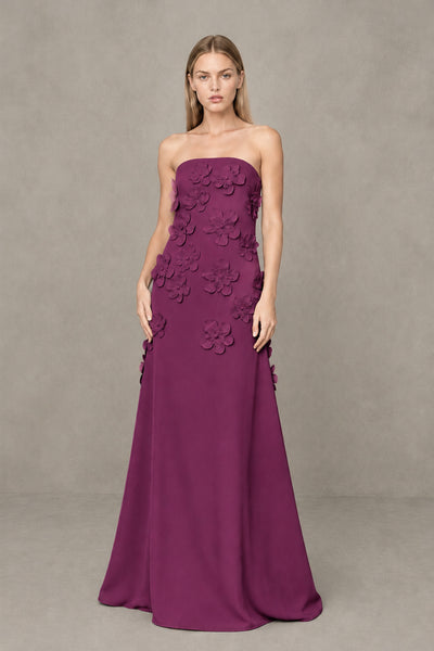 BOLODOO Plum Strapless 3D Floral Appliqué Crepe Maxi Gown 