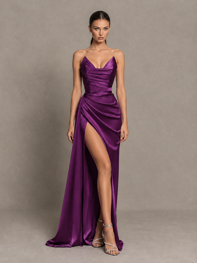 BOLODOO Plum Strapless Satin High-Slit Lace-Up Prom Dress 