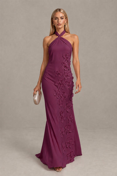 BOLODOO Plum Cross Halter Neck 3D Floral Appliqué Backless Mermaid Maxi Gown 