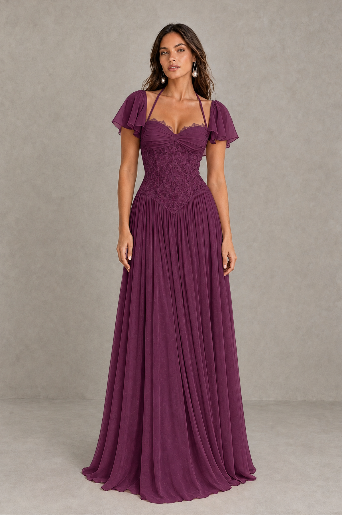 BOLODOO Plum Flutter Sleeve Lace Corset A-Line Maxi Dress 