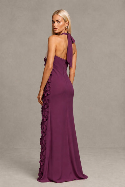 BOLODOO Plum Cross Halter Neck 3D Floral Appliqué Backless Mermaid Maxi Gown 