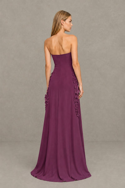 BOLODOO Plum Strapless 3D Floral Appliqué Crepe Maxi Gown 